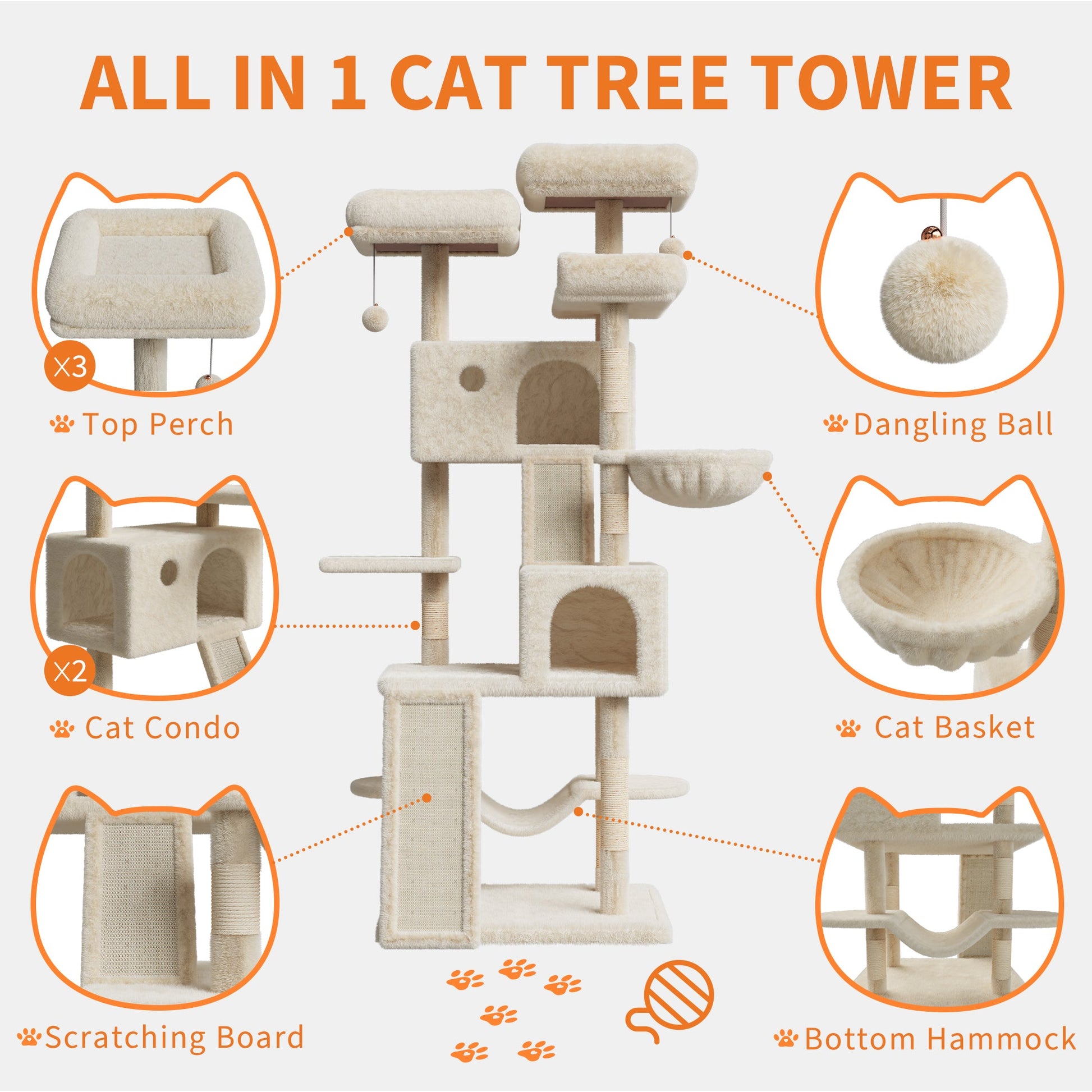 GARVEE Tiragraffi multilivello grande da 168 cm - Tiragraffi con sisal, amaca, peluche - Struttura robusta, versatile, per gatti di grandi dimensioni, per interni
