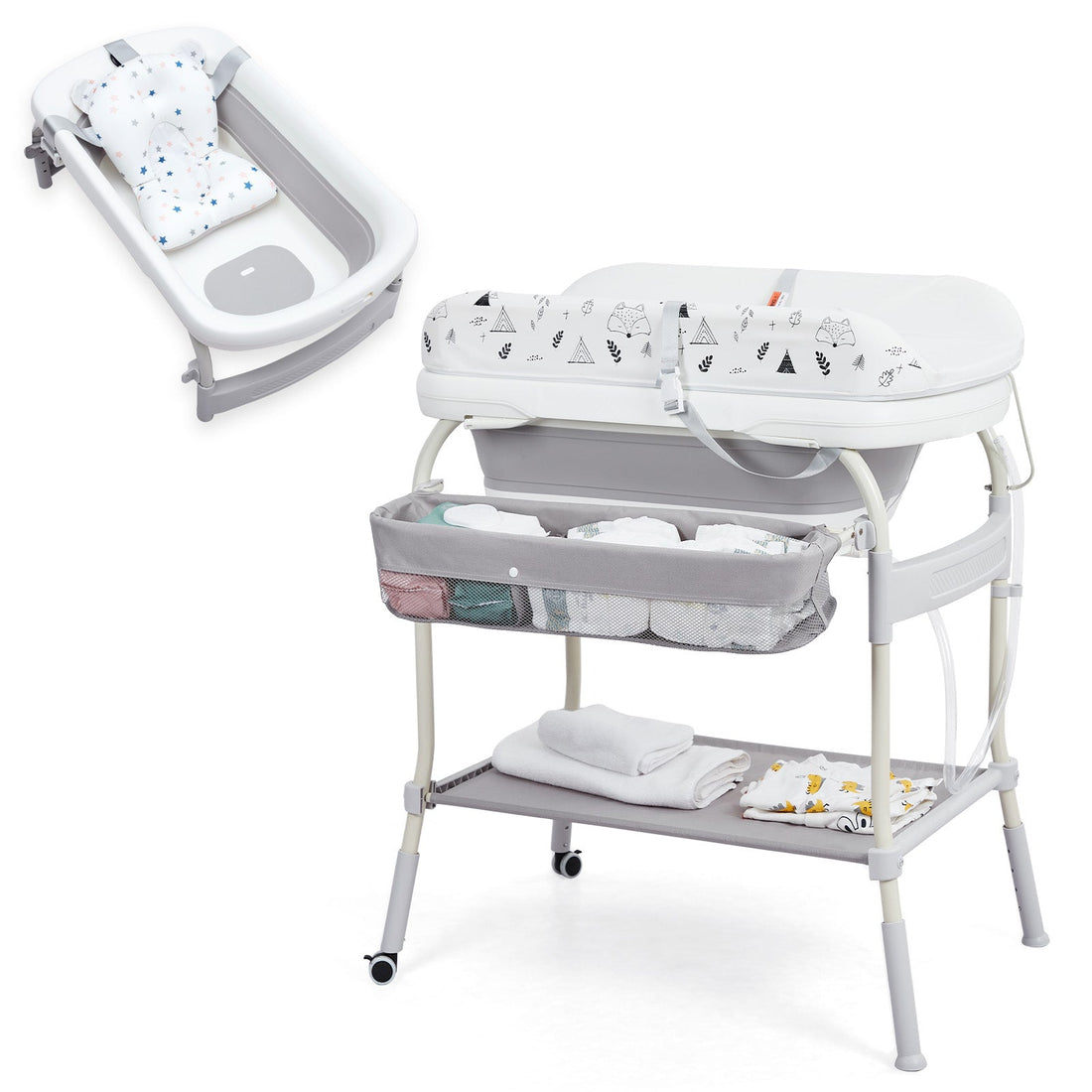 GARVEE Fasciatoio e vasca da bagno 2 in 1 regolabile in altezza, grigio | Con display della temperatura e ruote | Per bambini piccoli