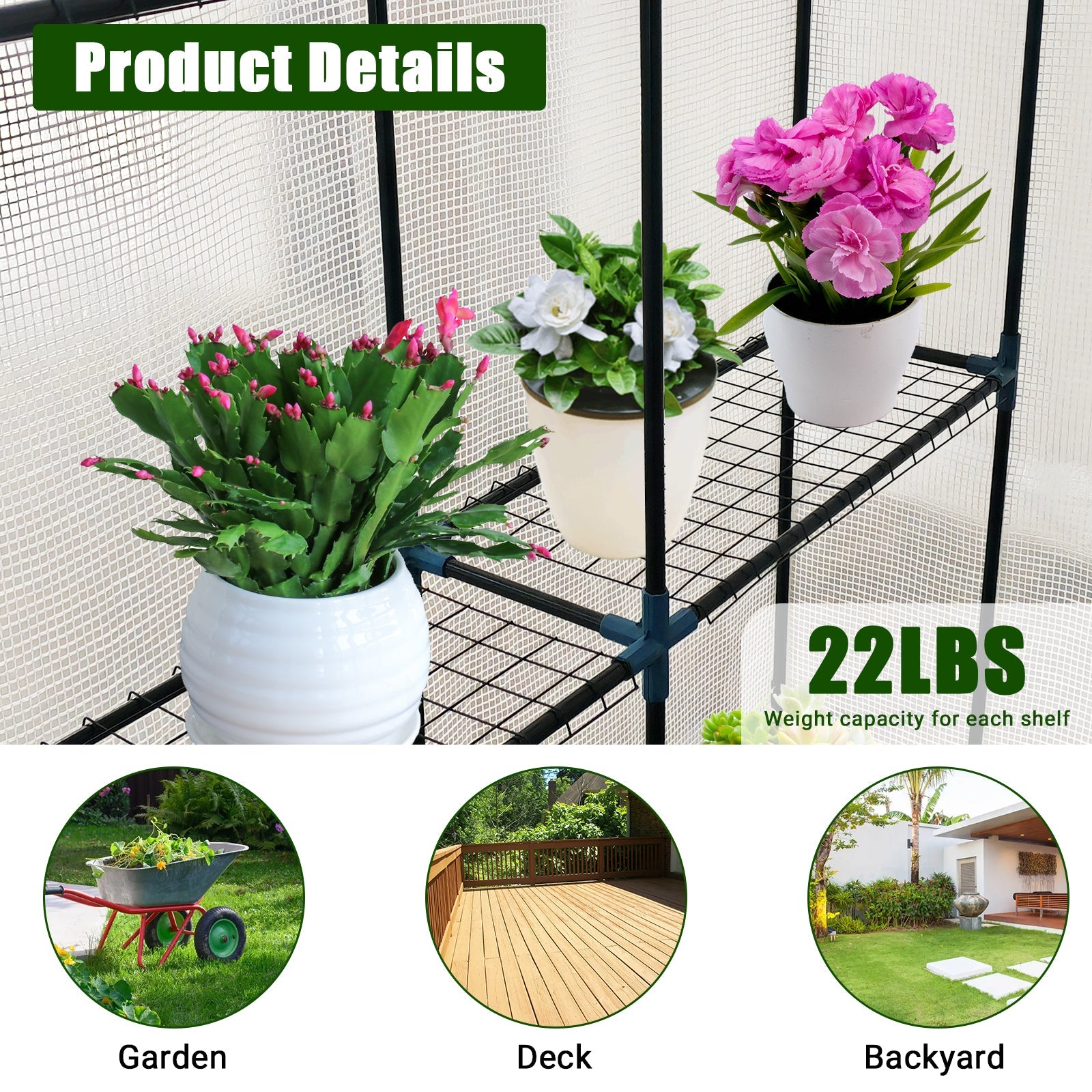 Serra da giardino Garvee 57x57x76" Robusta struttura in acciaio a 3 livelli Porta avvolgibile con Cerniera Portatile per giardino e patio