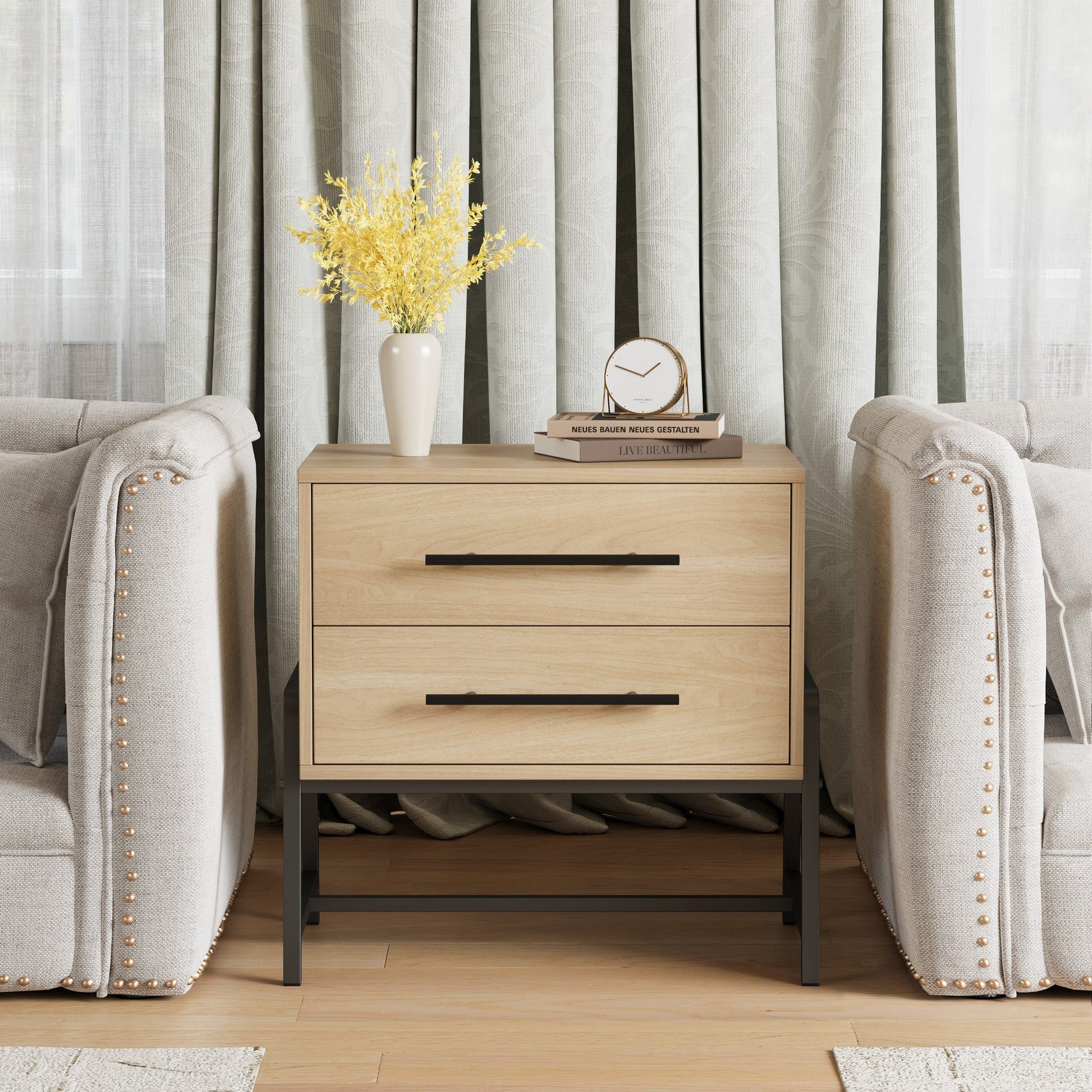 Comodino Garvee con 2 cassetti, tavolino moderno, gambe in metallo, legno, camera da letto e soggiorno, robusto, facile da pulire, colore legno chiaro