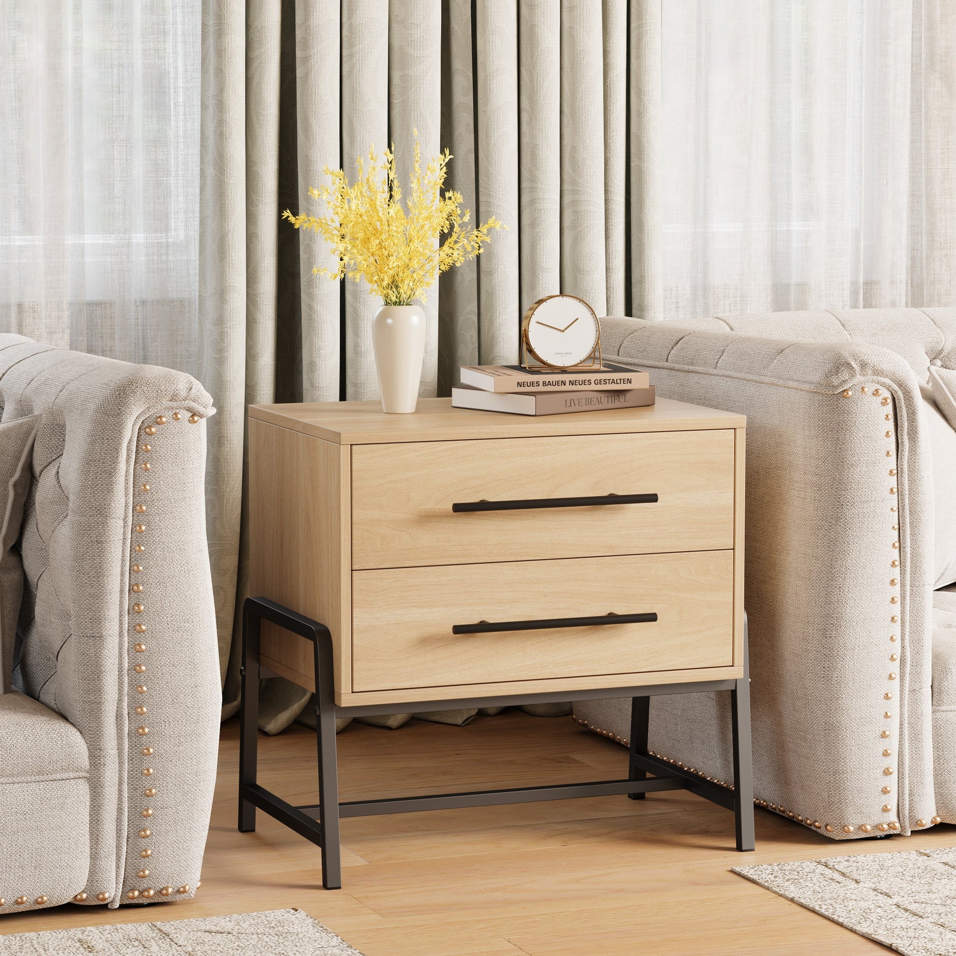 Comodino Garvee con 2 cassetti, tavolino moderno, gambe in metallo, legno, camera da letto e soggiorno, robusto, facile da pulire, colore legno chiaro