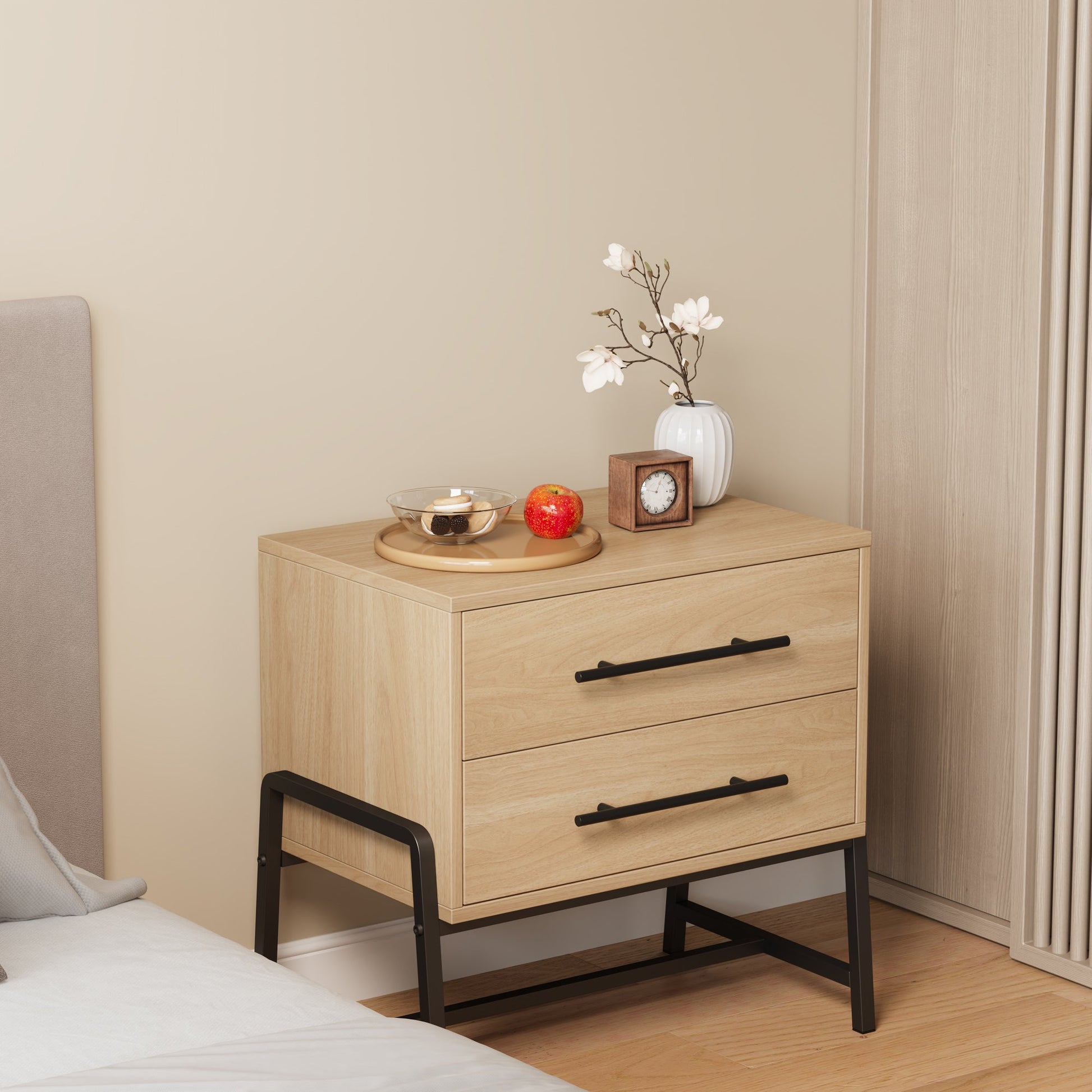 Comodino Garvee con 2 cassetti, tavolino moderno, gambe in metallo, legno, camera da letto e soggiorno, robusto, facile da pulire, colore legno chiaro
