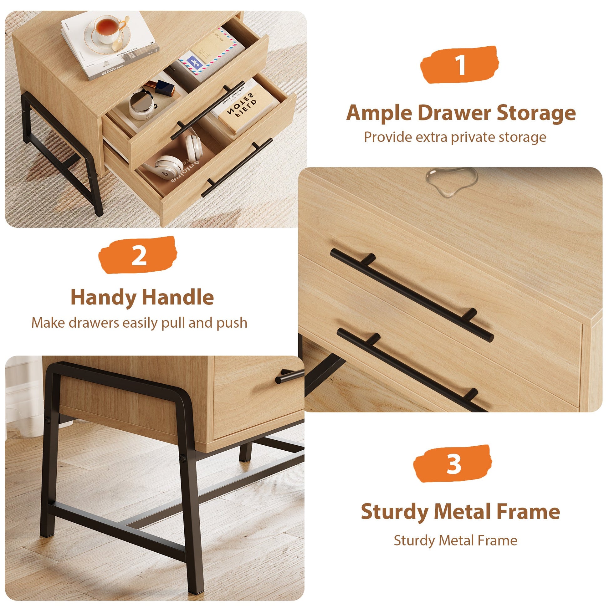 Comodino Garvee con 2 cassetti, tavolino moderno, gambe in metallo, legno, camera da letto e soggiorno, robusto, facile da pulire, colore legno chiaro
