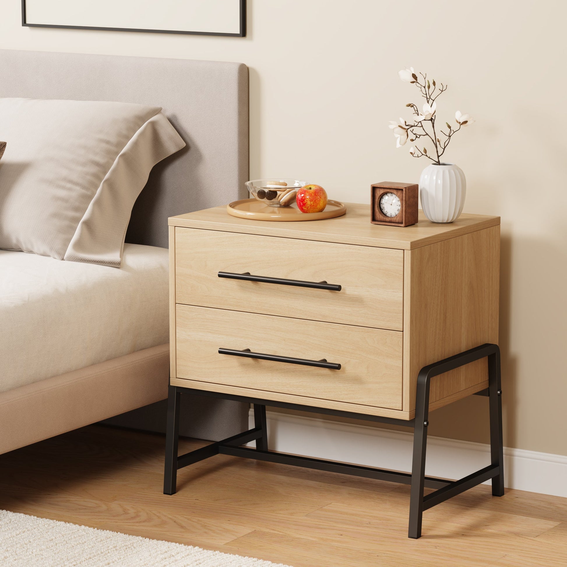 Comodino Garvee con 2 cassetti, tavolino moderno, gambe in metallo, legno, camera da letto e soggiorno, robusto, facile da pulire, colore legno chiaro