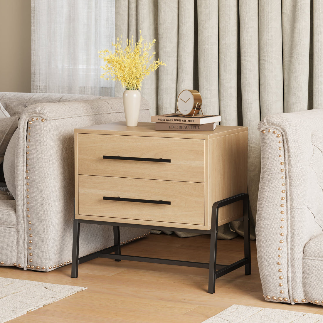 Comodino Garvee con 2 cassetti, tavolino moderno, gambe in metallo, legno, camera da letto e soggiorno, robusto, facile da pulire, colore legno chiaro