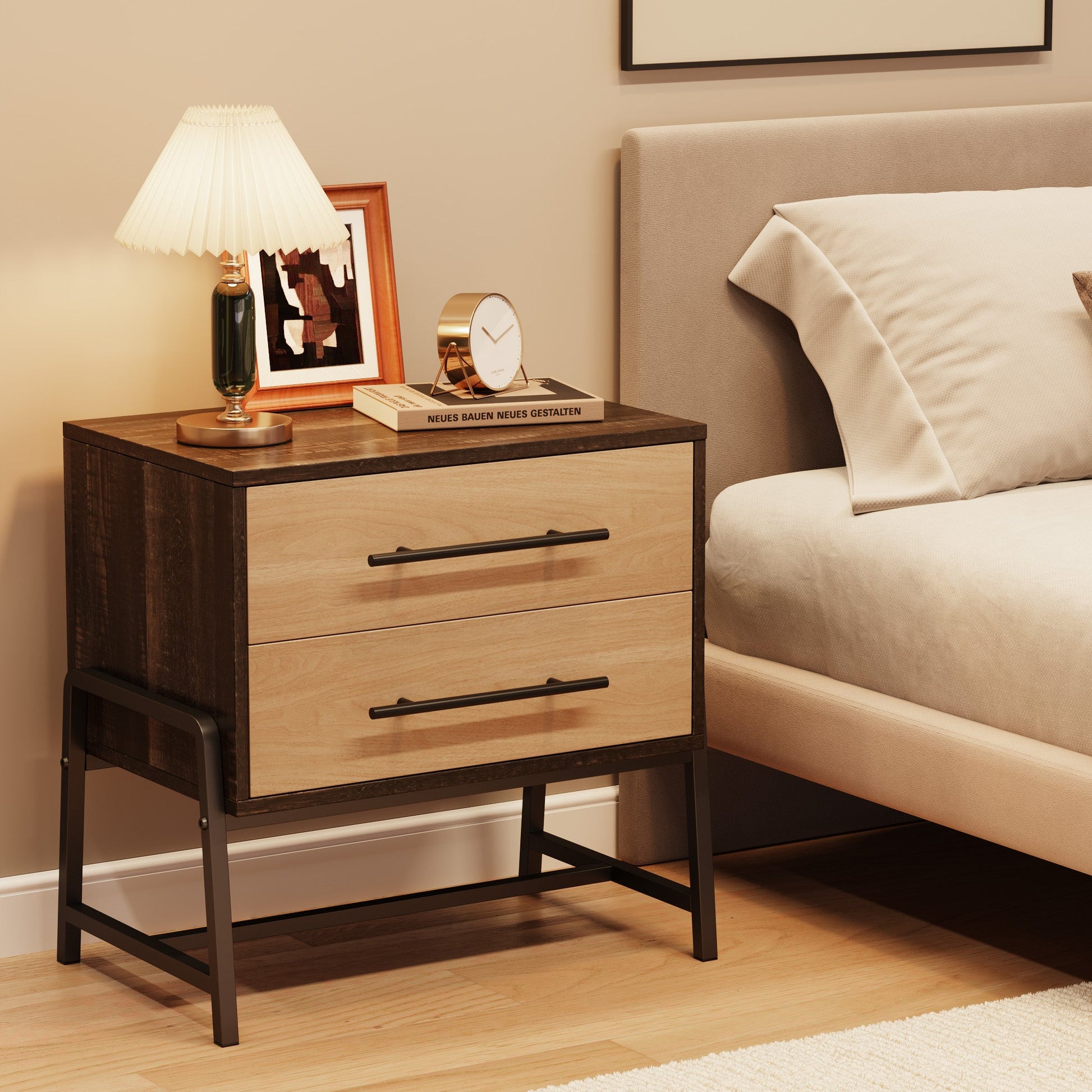 Comodino Garvée con 2 cassetti, tavolino moderno, legno chiaro, viola in metallo, camera da letto e soggiorno, robusto, spazio per archiviazione
