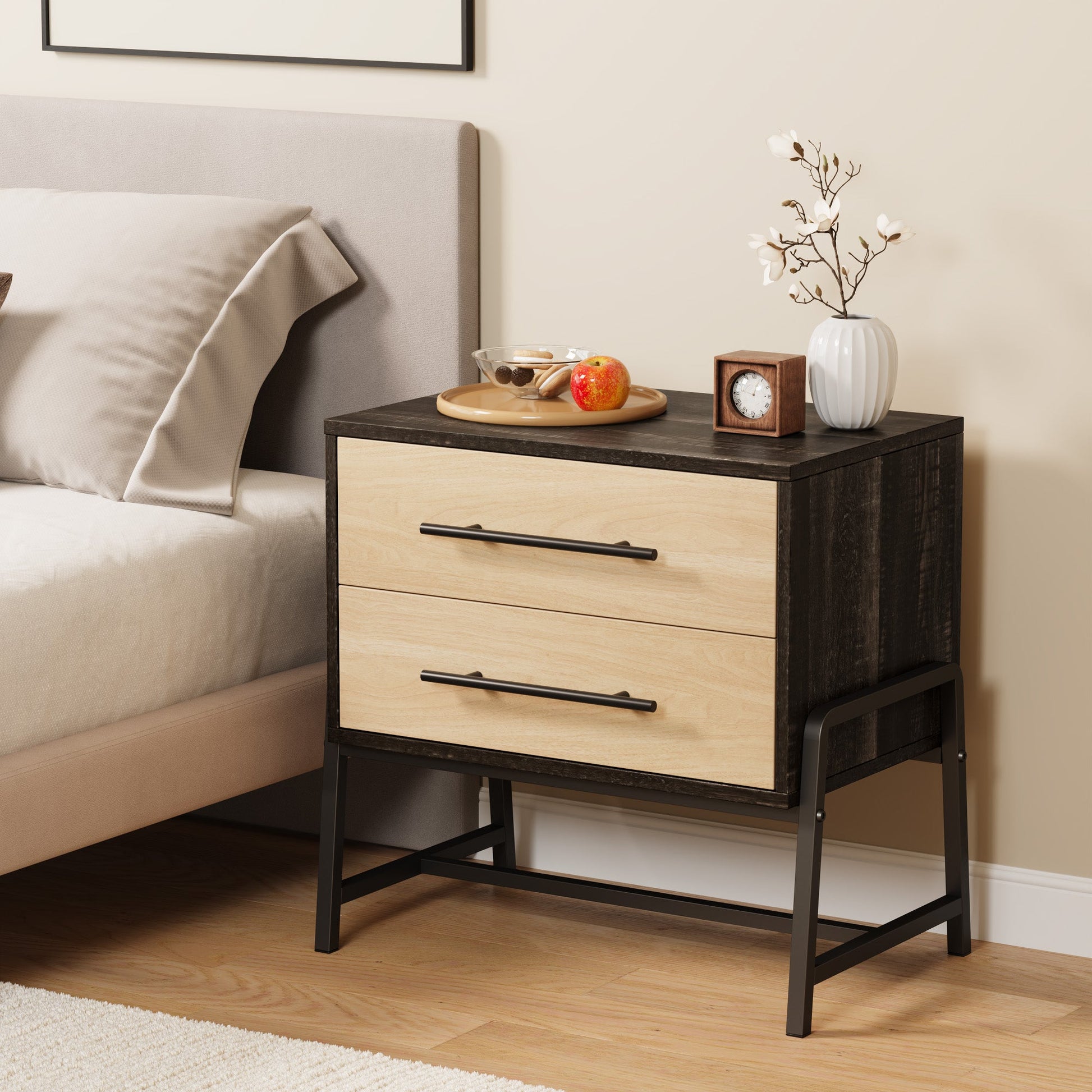 Comodino Garvée con 2 cassetti, tavolino moderno, legno chiaro, viola in metallo, camera da letto e soggiorno, robusto, spazio per archiviazione