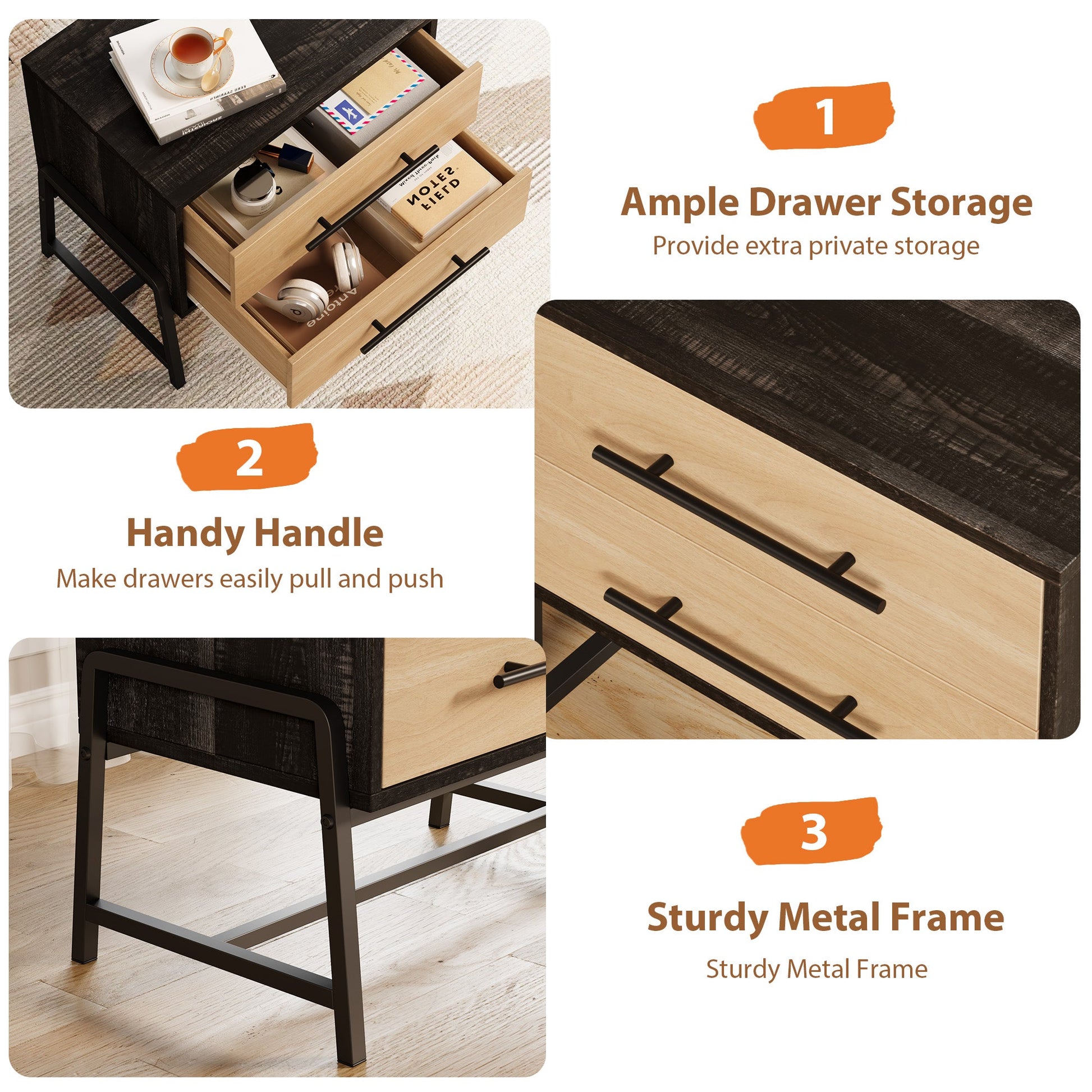 Comodino Garvée con 2 cassetti, tavolino moderno, legno chiaro, viola in metallo, camera da letto e soggiorno, robusto, spazio per archiviazione