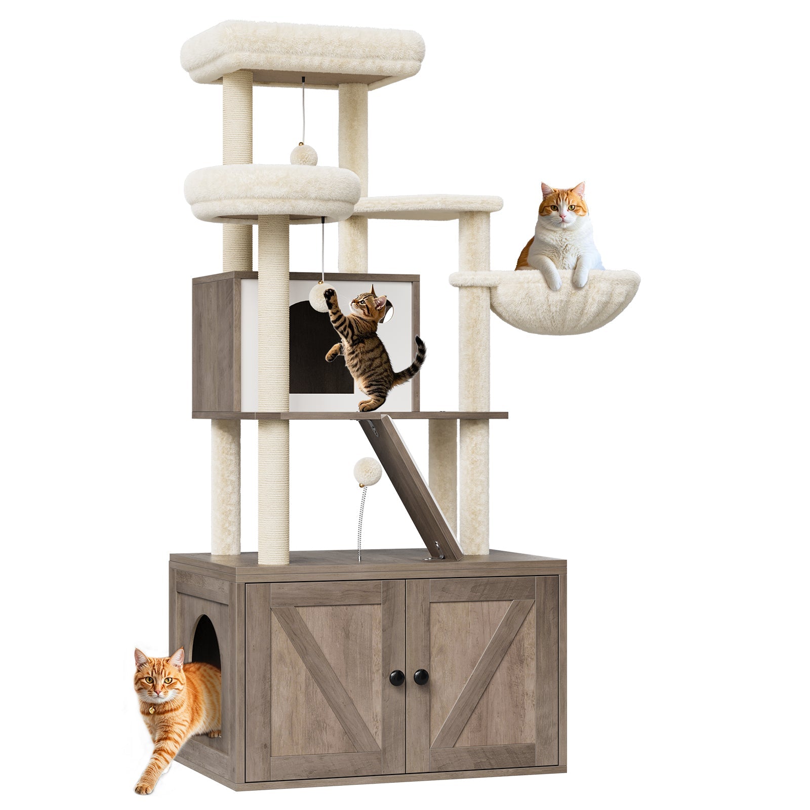 Torre per gatti GARVEE con nascondiglio per lettiera, moderno design 2 in 1, robusto MDF, tiragraffi in sisal, lavabile, per soggiorno e camera da letto