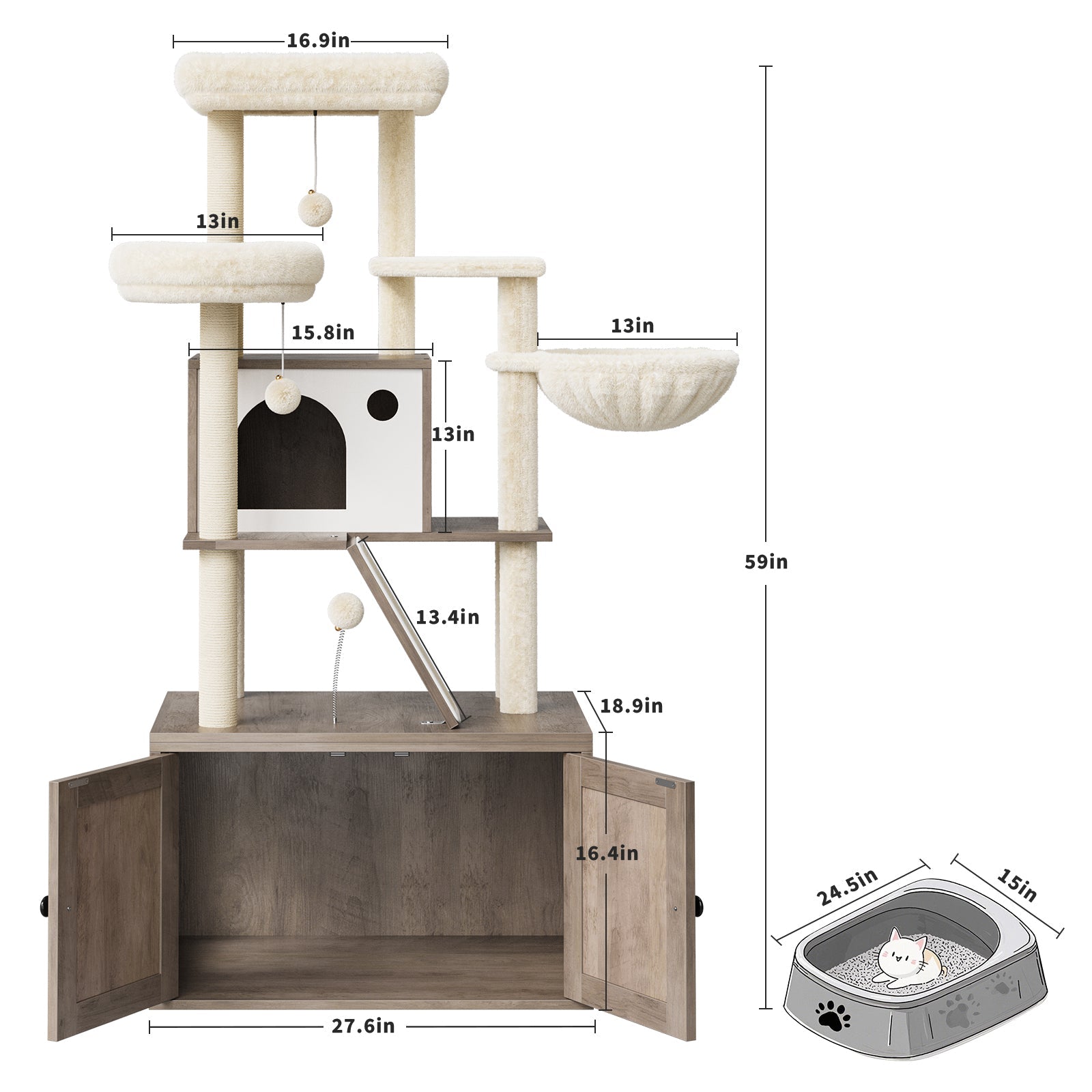 Torre per gatti GARVEE con nascondiglio per lettiera, moderno design 2 in 1, robusto MDF, tiragraffi in sisal, lavabile, per soggiorno e camera da letto