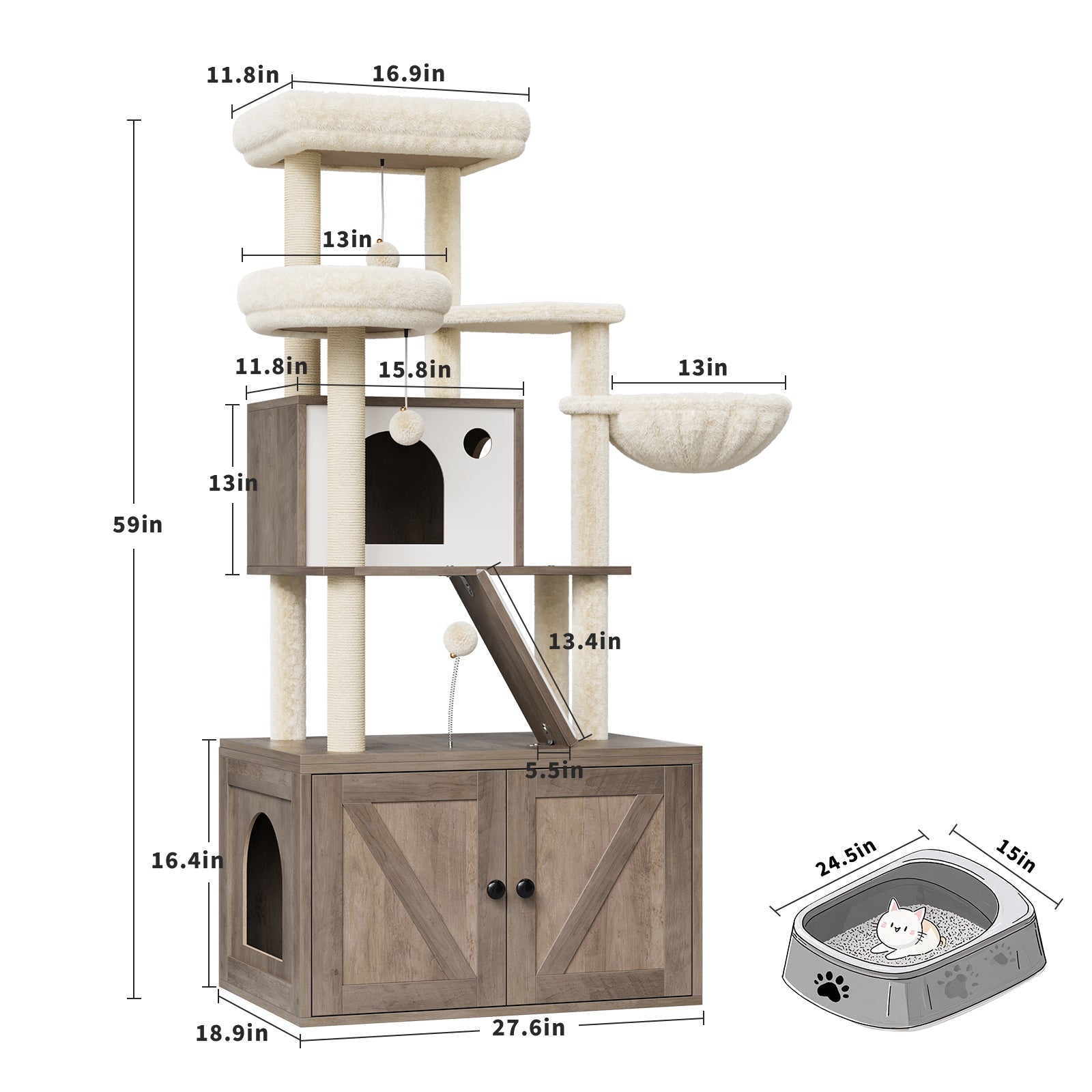 Torre per gatti GARVEE con nascondiglio per lettiera, moderno design 2 in 1, robusto MDF, tiragraffi in sisal, lavabile, per soggiorno e camera da letto