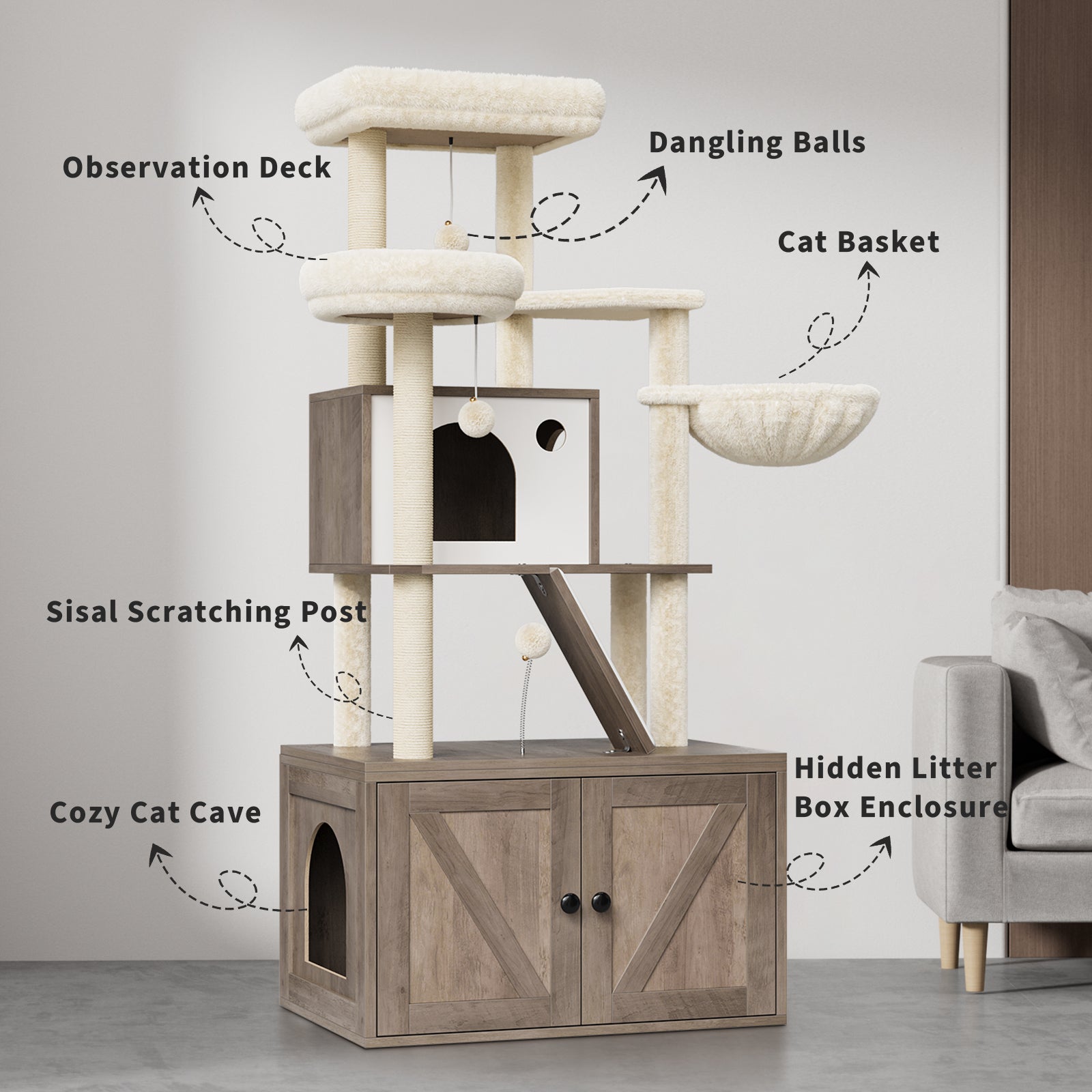 Torre per gatti GARVEE con nascondiglio per lettiera, moderno design 2 in 1, robusto MDF, tiragraffi in sisal, lavabile, per soggiorno e camera da letto