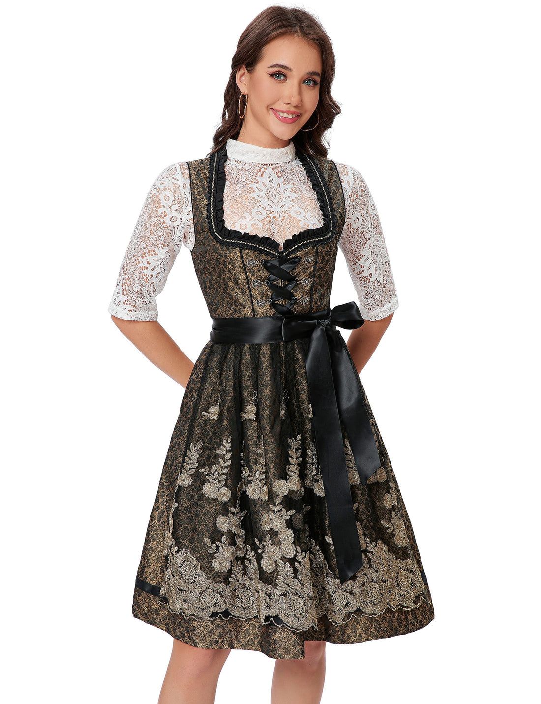 Garvee Dirndl da donna, abito tradizionale midi corto, 3 pezzi, nero e oro, per l'Oktoberfest, taglie 34-52