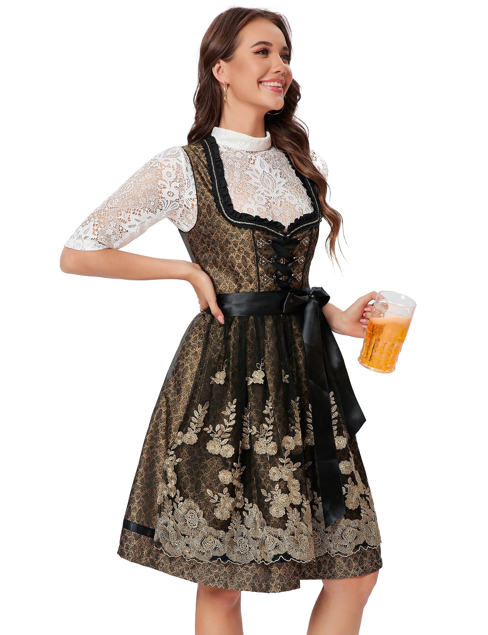Garvee Dirndl da donna, abito tradizionale midi corto, 3 pezzi, nero e oro, per l'Oktoberfest, taglie 34-52