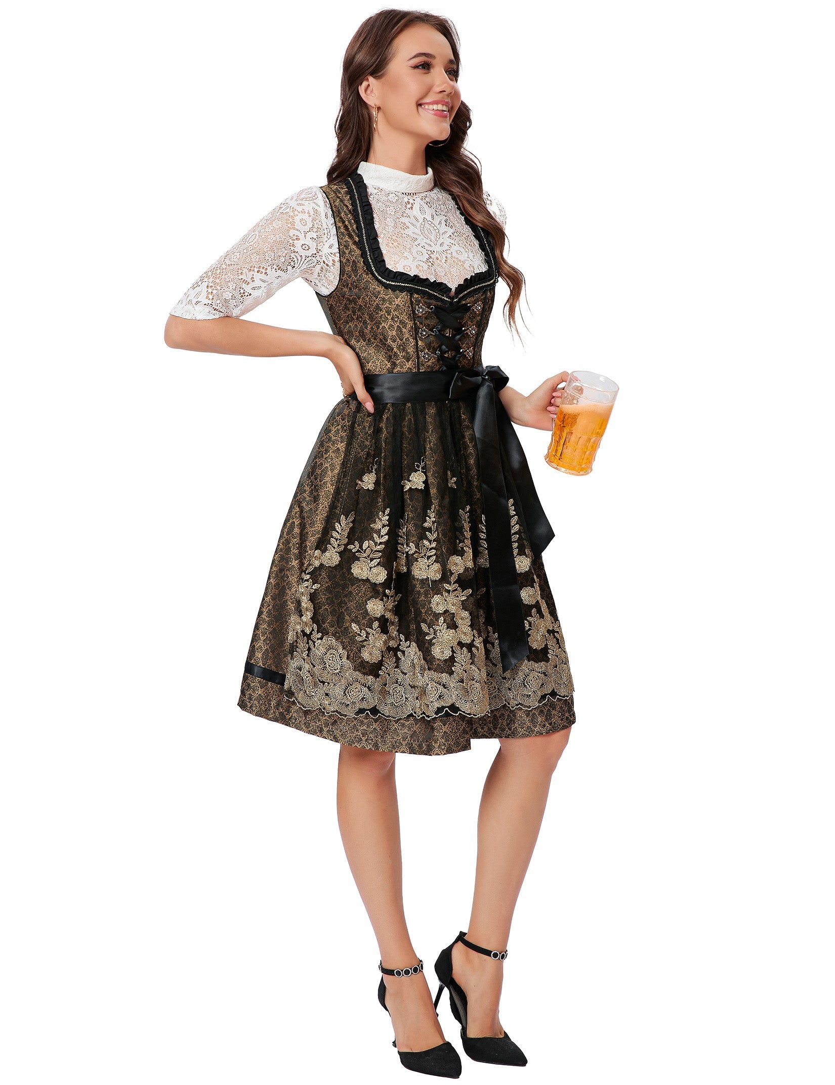 Garvee Dirndl da donna, abito tradizionale midi corto, 3 pezzi, nero e oro, per l'Oktoberfest, taglie 34-52