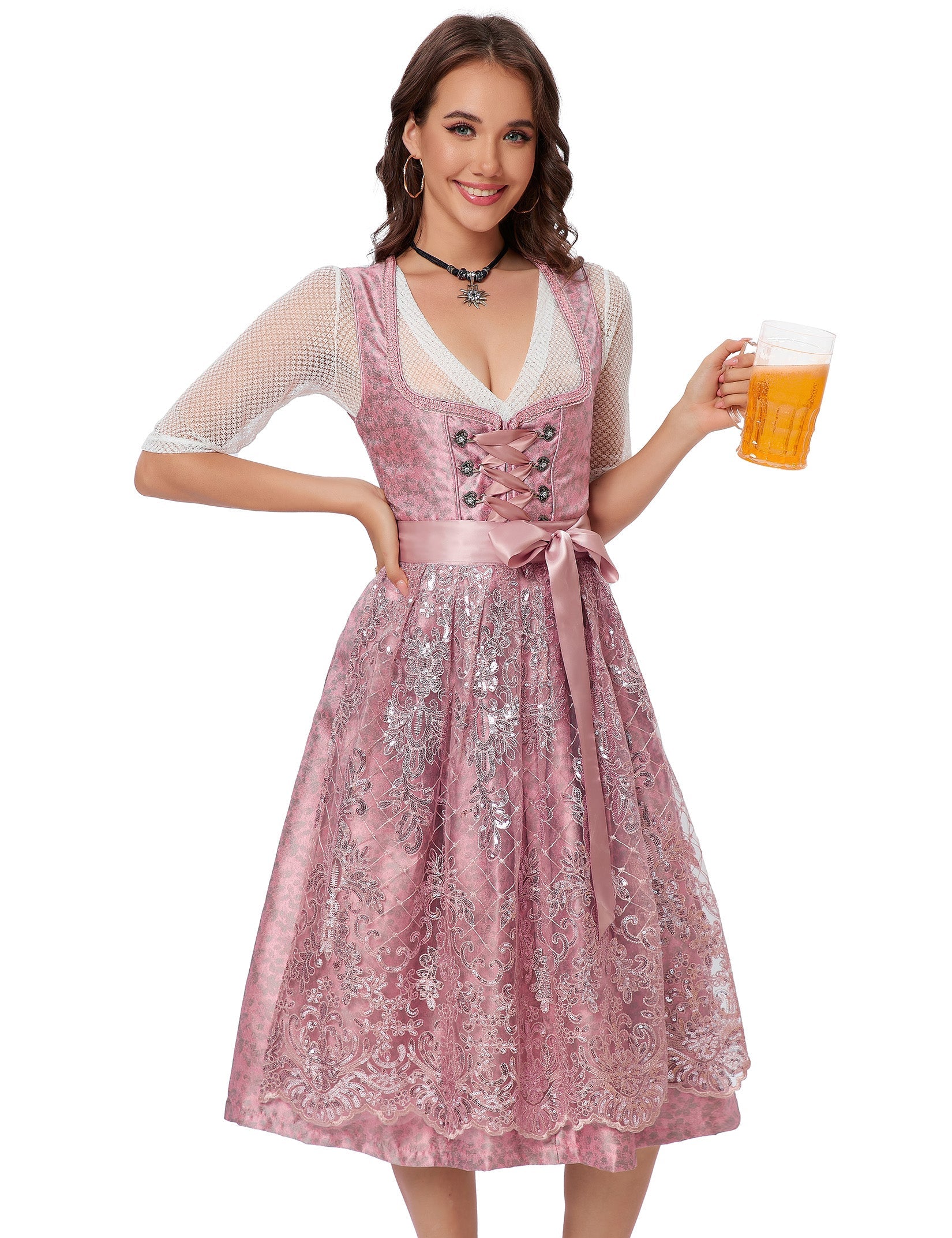 Garvee Dirndl da donna, abito tradizionale midi, costume Oktoberfest, rosa, taglia 34, con camicetta e grembiule inclusi