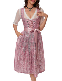 Garvee Dirndl da donna, abito tradizionale midi, costume Oktoberfest, rosa, taglia 34, con camicetta e grembiule inclusi