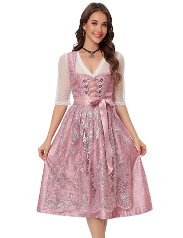 Garvee Dirndl da donna, abito tradizionale midi, costume Oktoberfest, rosa, taglia 34, con camicetta e grembiule inclusi