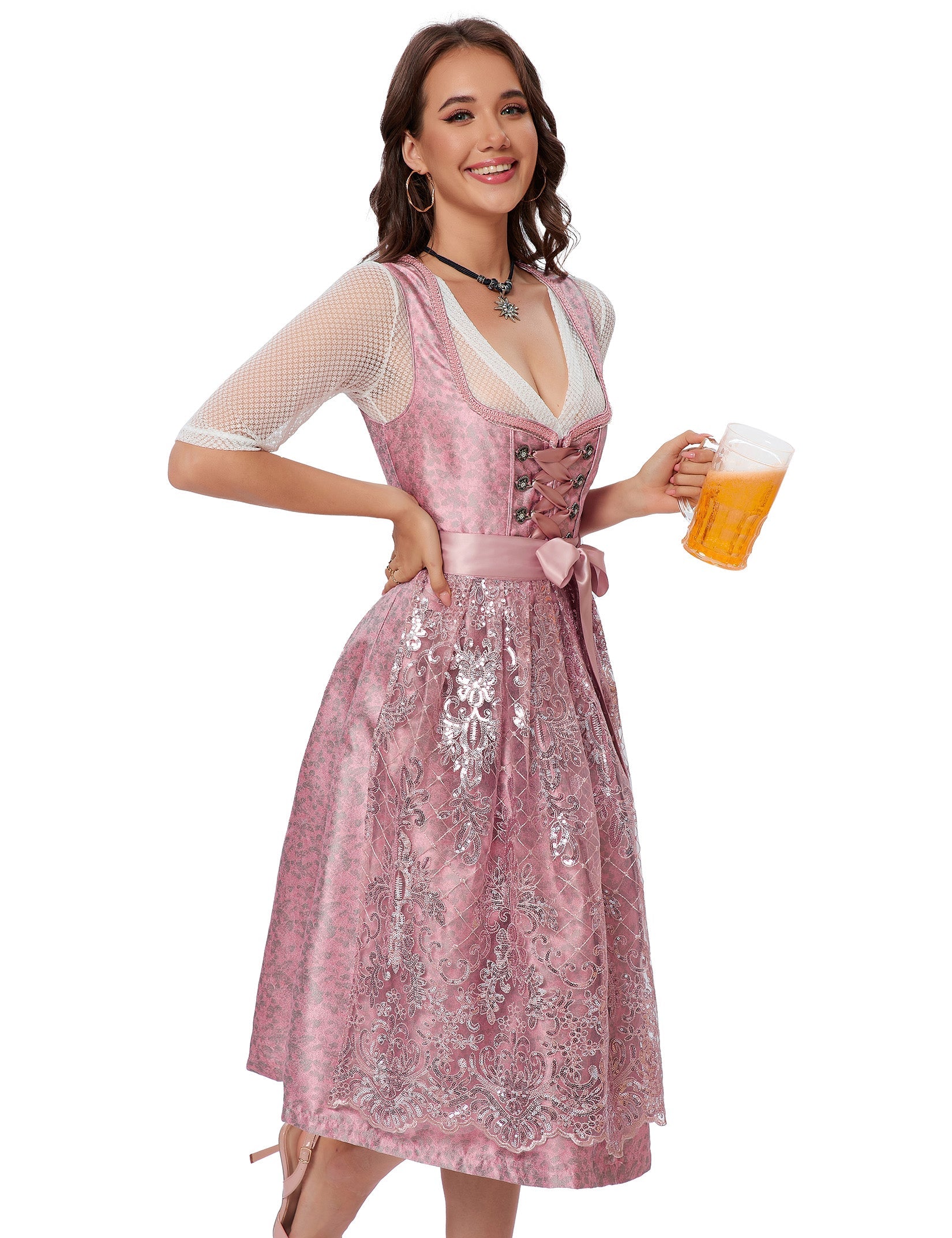 Garvee Dirndl da donna, abito tradizionale midi, costume Oktoberfest, rosa, taglia 34, con camicetta e grembiule inclusi