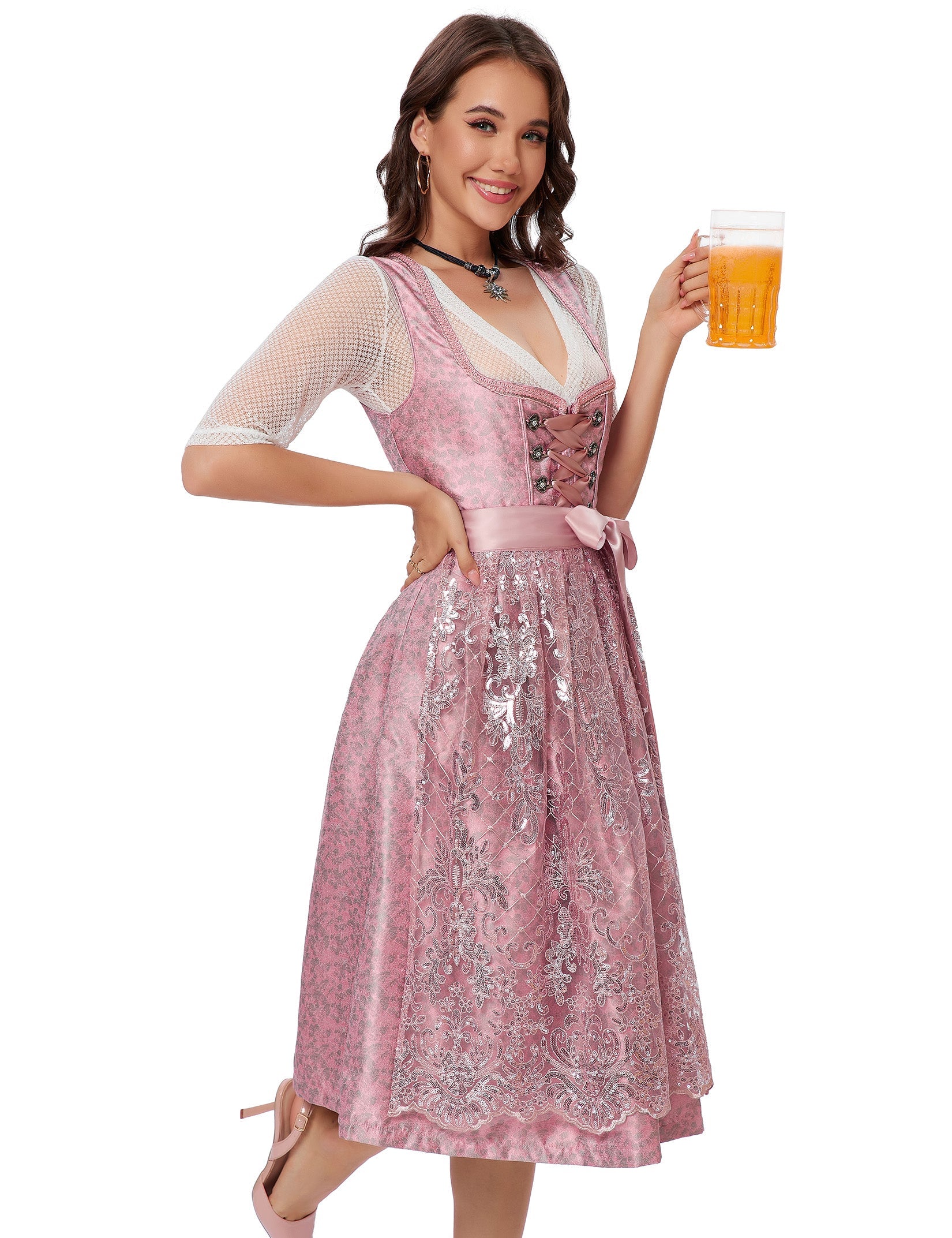 Garvee Dirndl da donna, abito tradizionale midi, costume Oktoberfest, rosa, taglia 34, con camicetta e grembiule inclusi