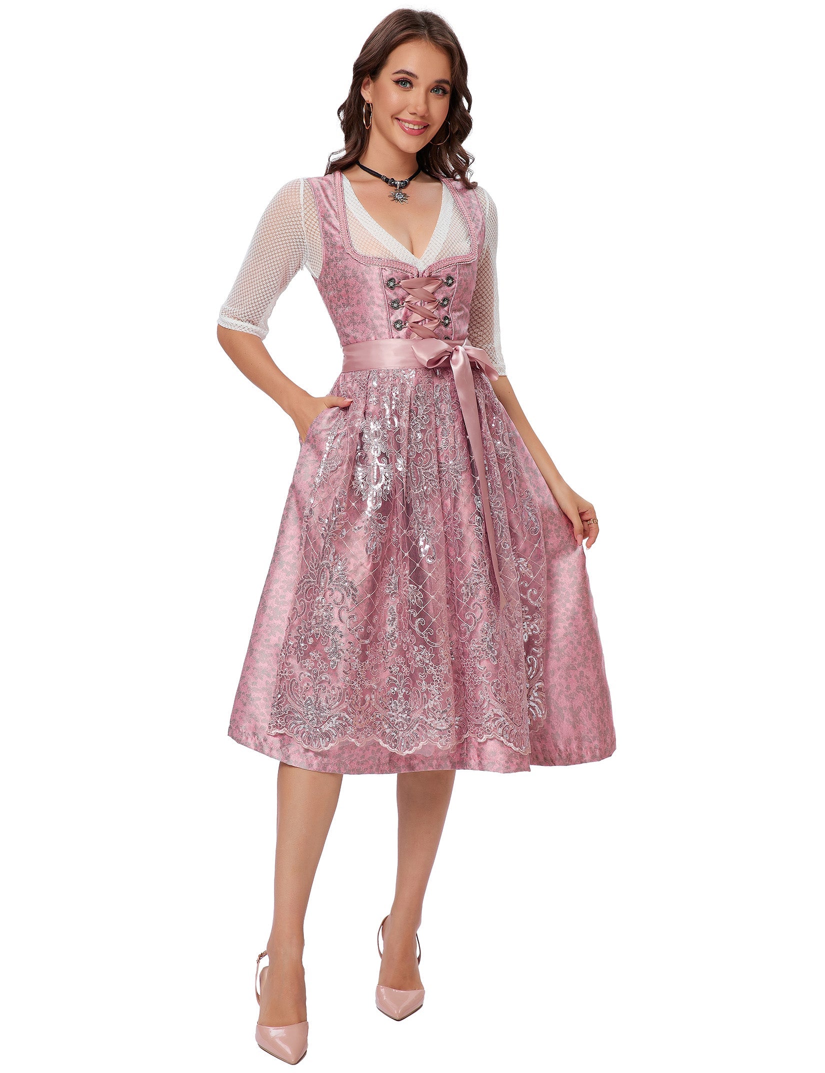 Garvee Dirndl da donna, abito tradizionale midi, costume Oktoberfest, rosa, taglia 34, con camicetta e grembiule inclusi