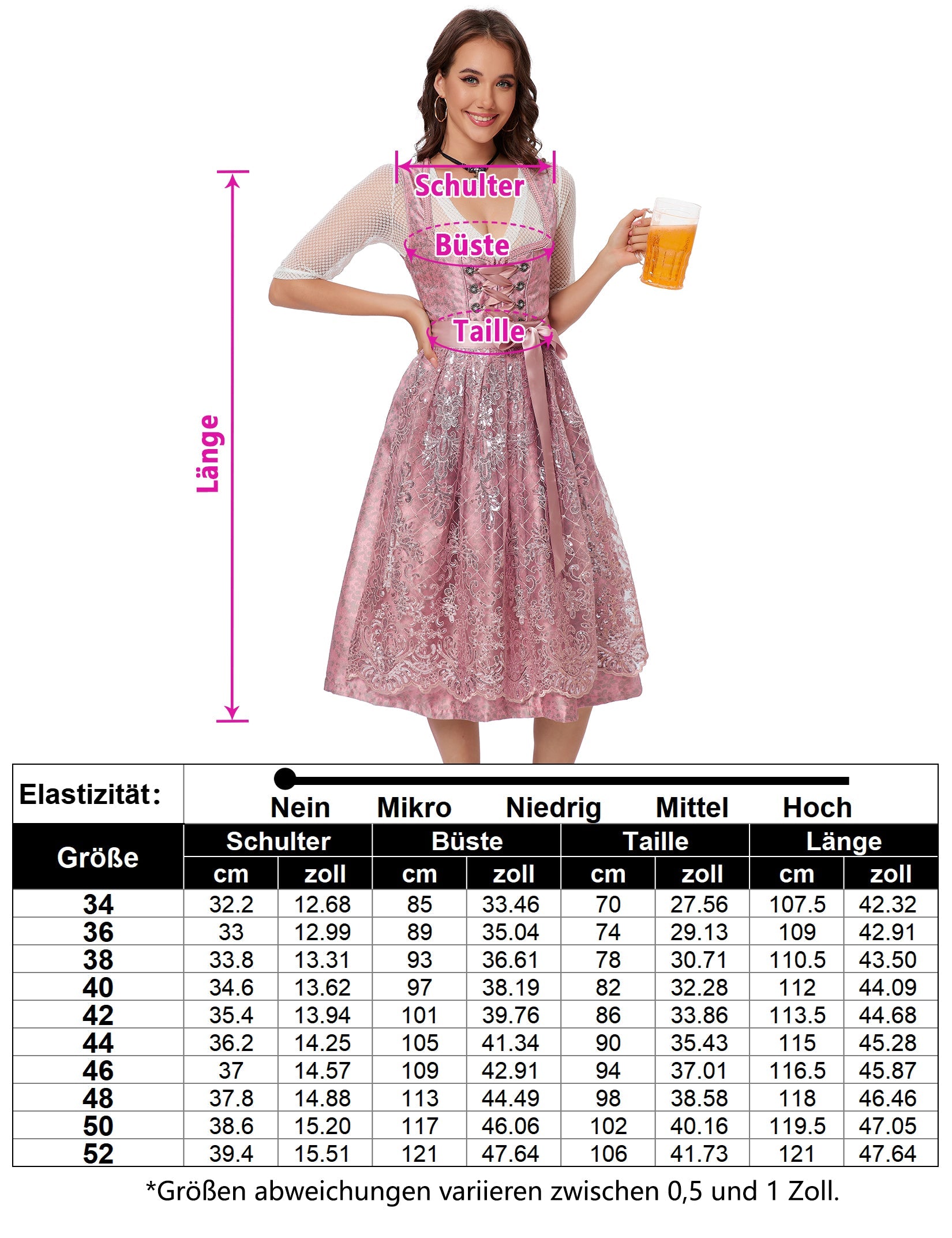Garvee Dirndl da donna, abito tradizionale midi, costume Oktoberfest, rosa, taglia 34, con camicetta e grembiule inclusi