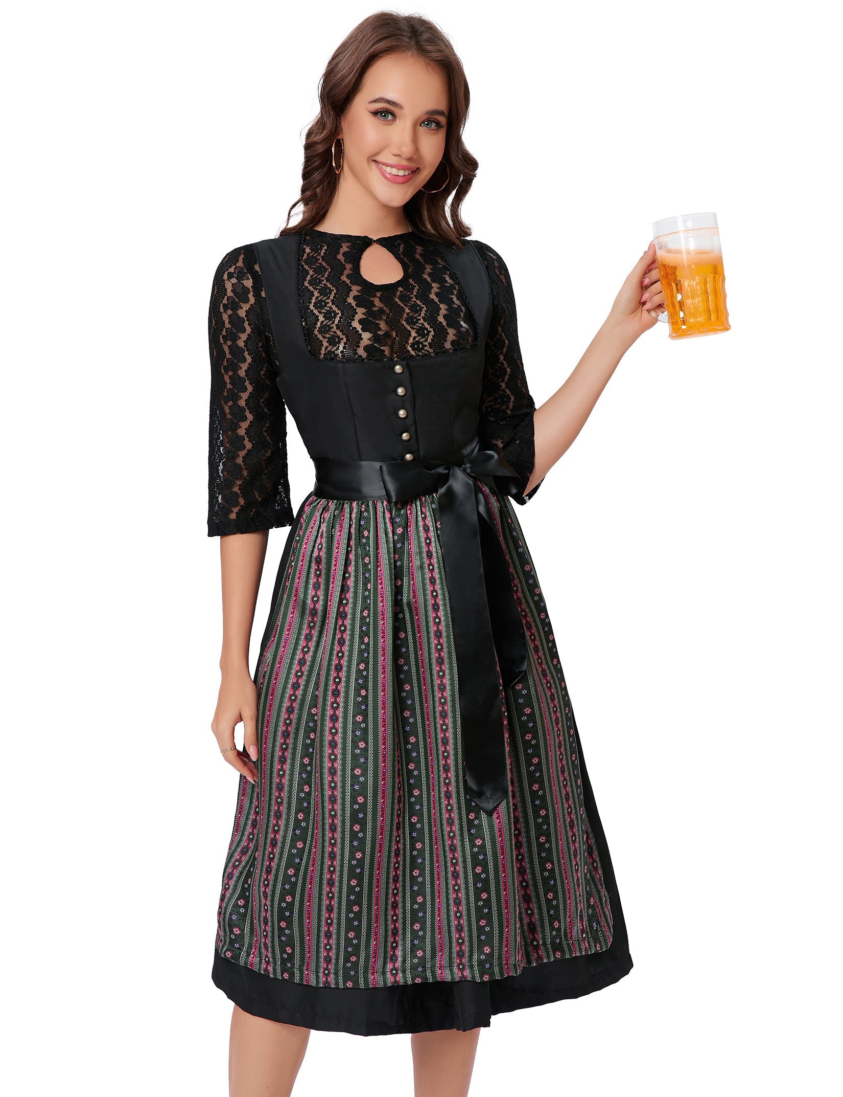 Garvee Dirndl - Abito tradizionale midi da donna, set da 3 pezzi per l'Oktoberfest, nero, taglia 34