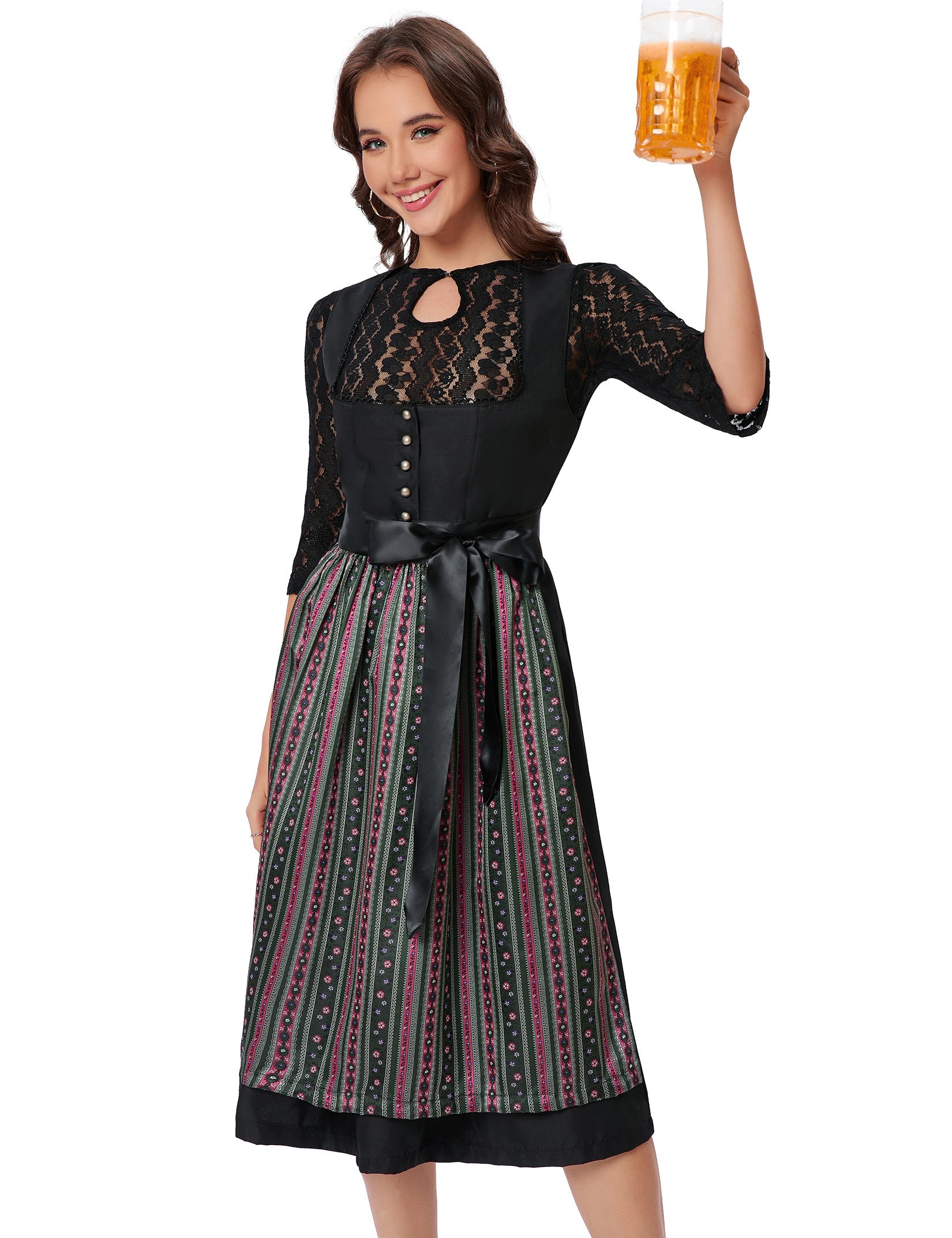 Garvee Dirndl - Abito tradizionale midi da donna, set da 3 pezzi per l'Oktoberfest, nero, taglia 42