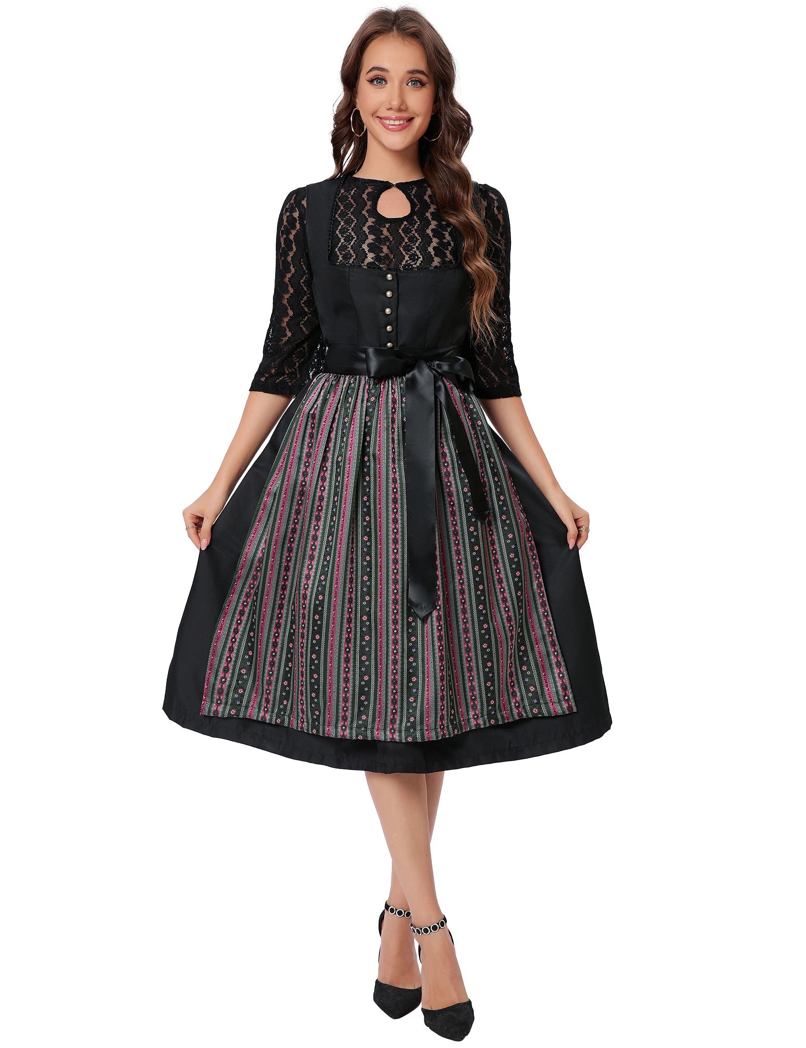 Garvee Dirndl - Abito tradizionale midi da donna, set da 3 pezzi per l'Oktoberfest, nero, taglia 42
