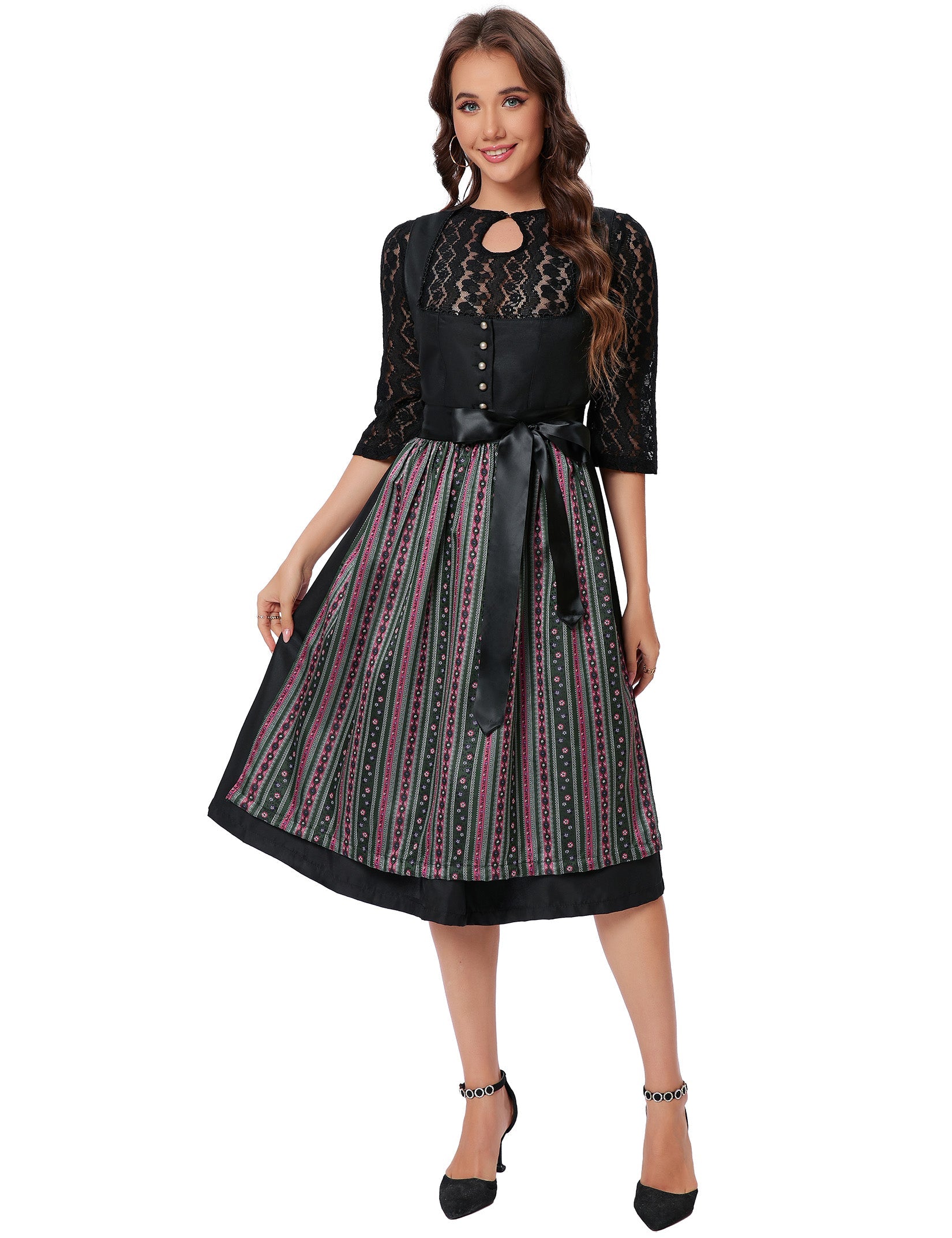 Garvee Dirndl - Abito tradizionale midi da donna, set da 3 pezzi per l'Oktoberfest, nero, taglia 34