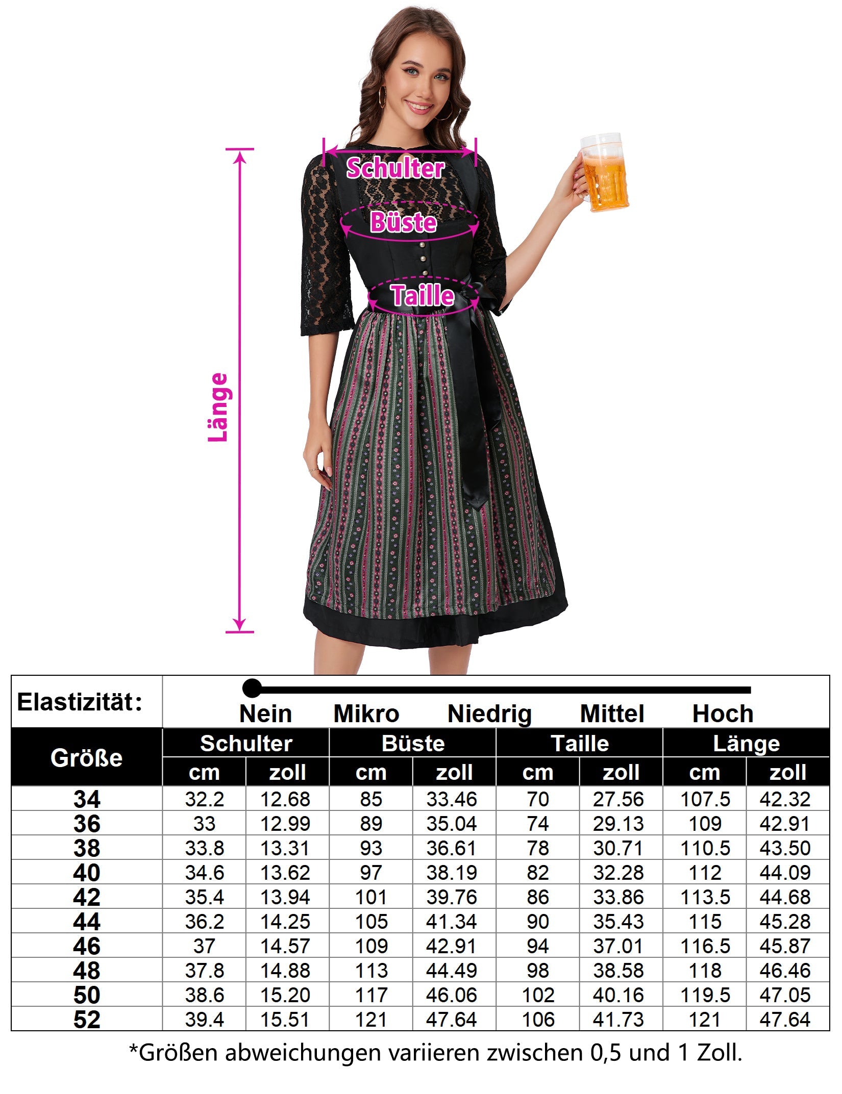 Garvee Dirndl - Abito tradizionale midi da donna, set da 3 pezzi per l'Oktoberfest, nero, taglia 34