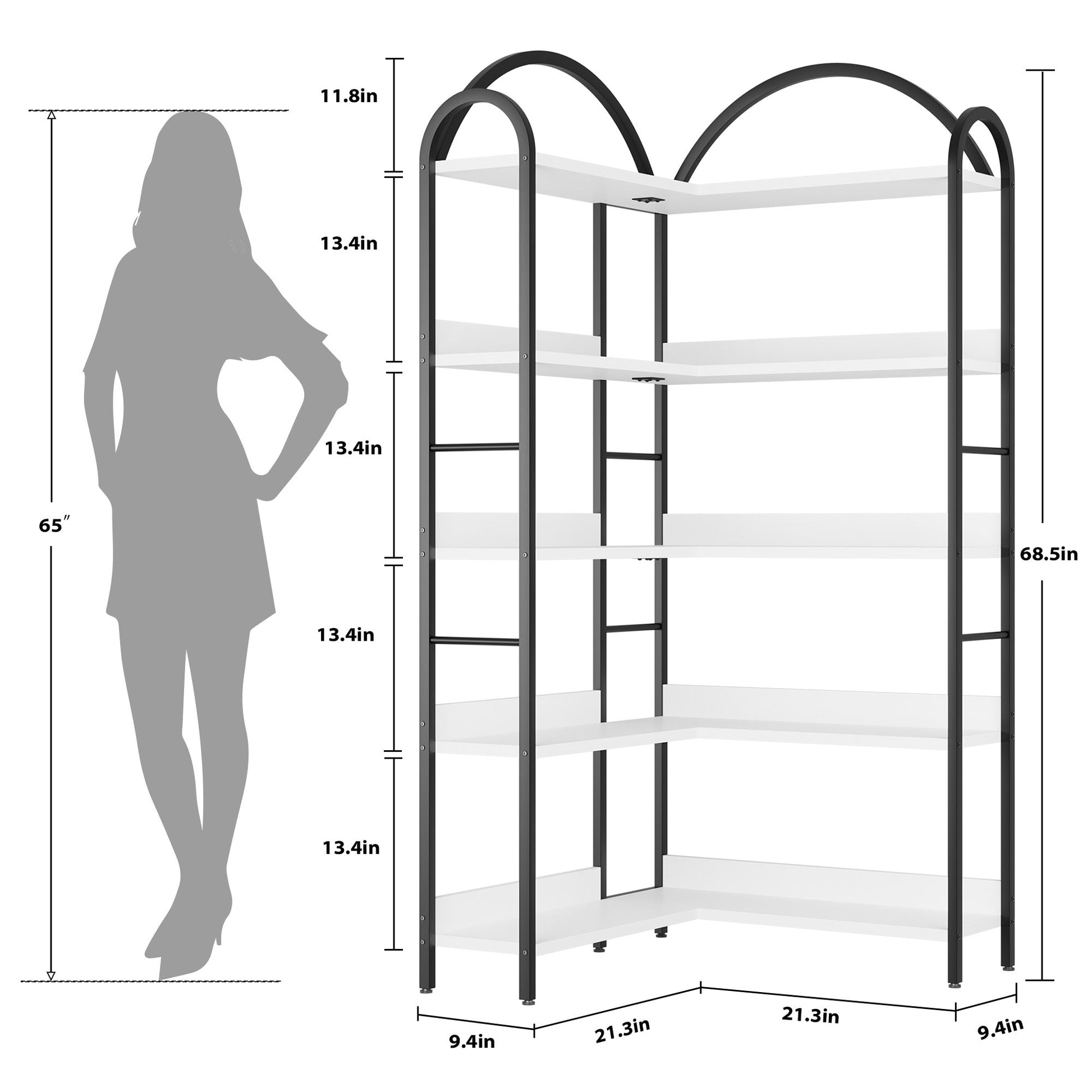 Mensola Angolare Garvee a forma di L industriale con struttura in metallo a 5 ripiani per soggiorno e camera da letto, 68.5x30.7x30.7 pollici, nero