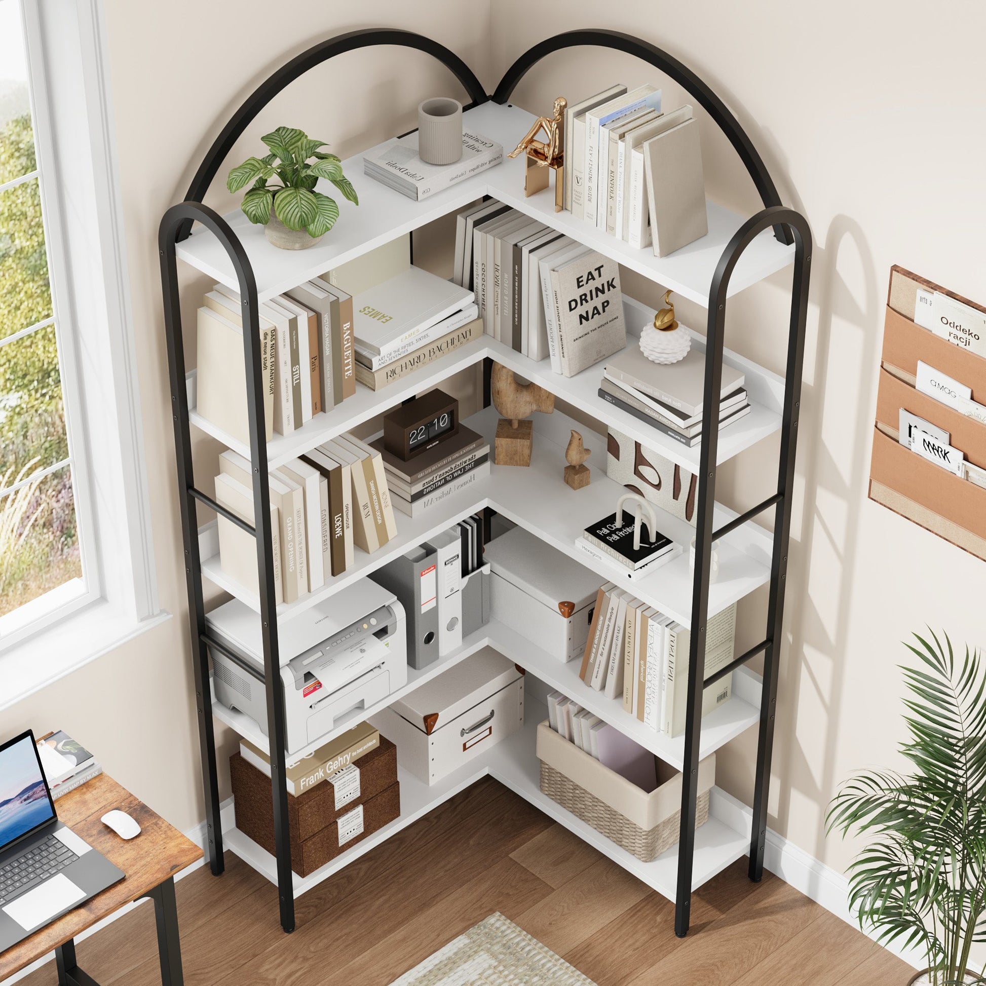 Mensola Angolare Garvee a forma di L industriale con struttura in metallo a 5 ripiani per soggiorno e camera da letto, 68.5x30.7x30.7 pollici, nero