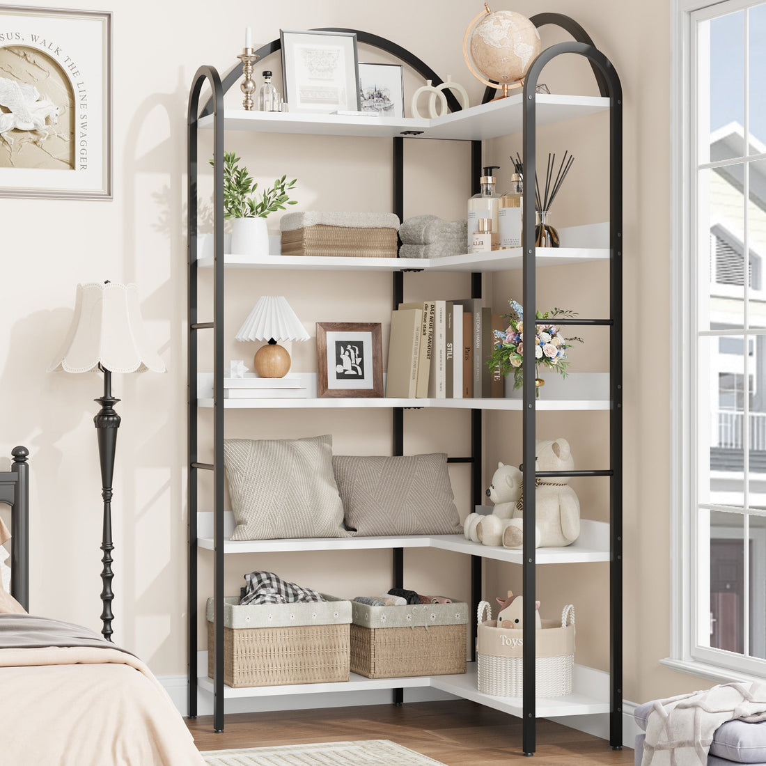 Mensola Angolare Garvee a forma di L industriale con struttura in metallo a 5 ripiani per soggiorno e camera da letto, 68.5x30.7x30.7 pollici, nero