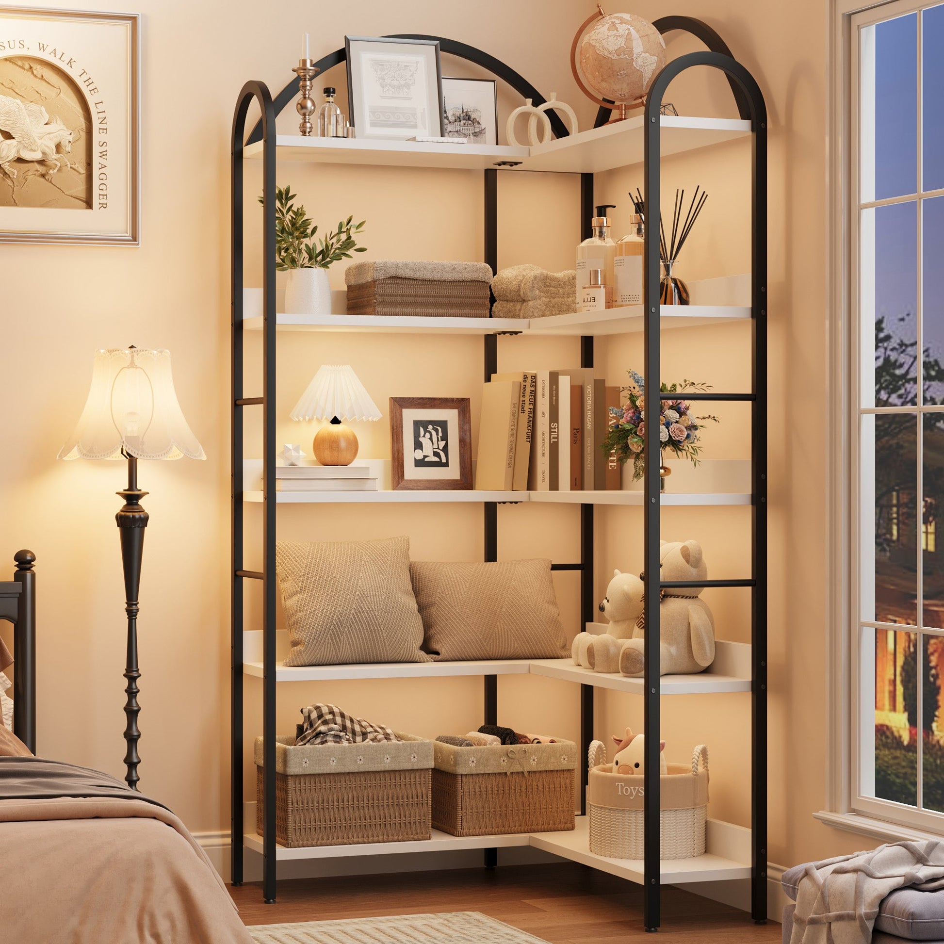 Mensola Angolare Garvee a forma di L industriale con struttura in metallo a 5 ripiani per soggiorno e camera da letto, 68.5x30.7x30.7 pollici, nero