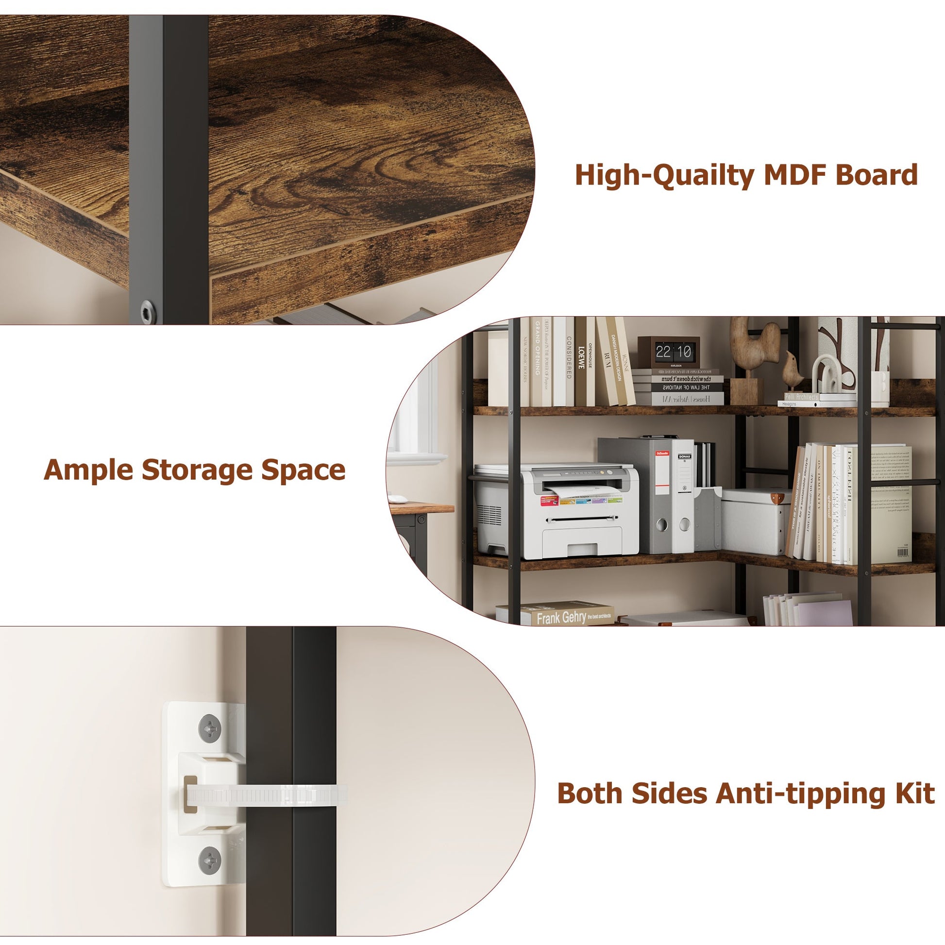 Mensola Angolare Garvee, struttura in metallo industriale in forma di L arcuata per soggiorno e camera da letto, 68.5"x30.7"x30.7" nero