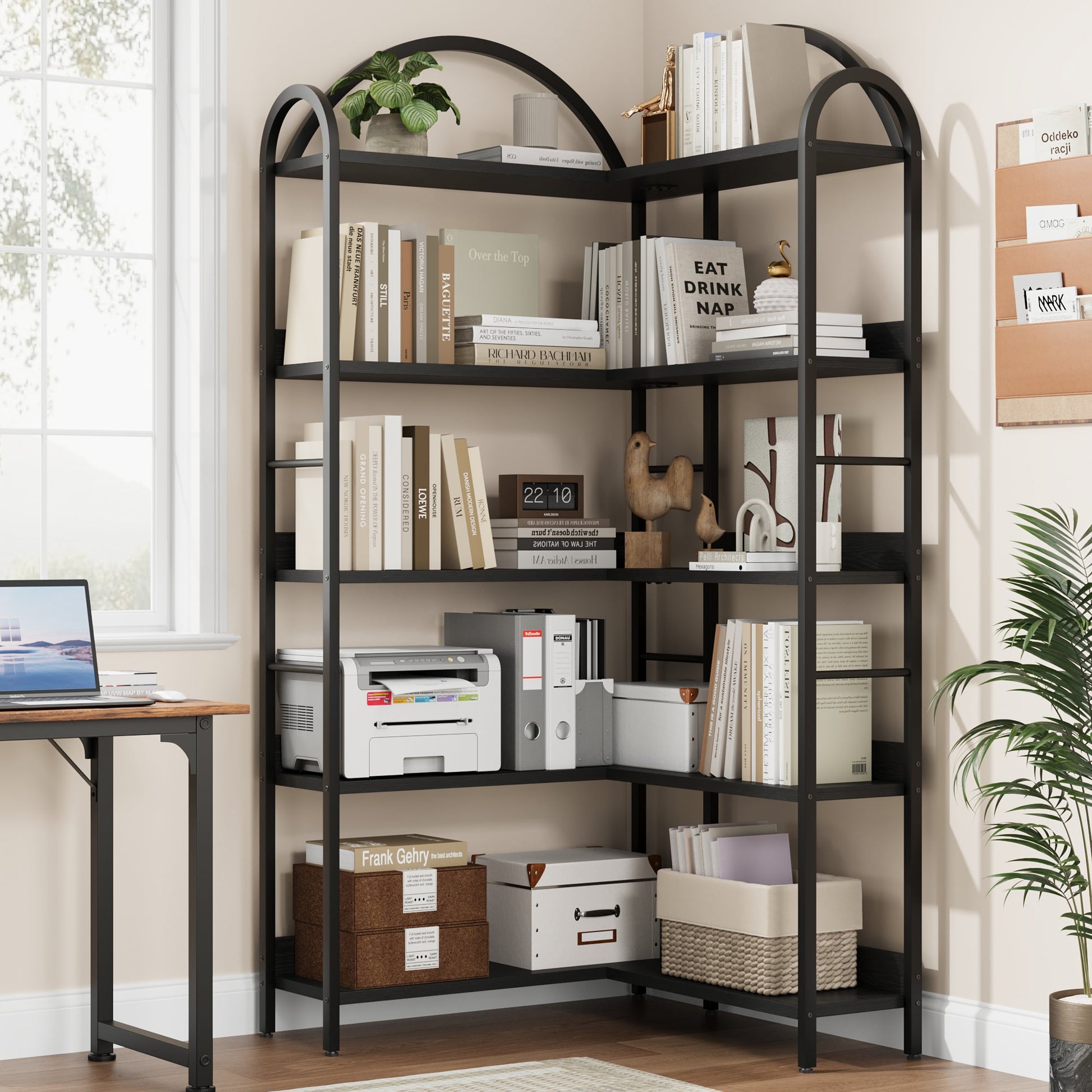 Libreria Angolare Garvee con struttura in metallo a forma di L, stile industriale, grande, per soggiorno e camera da letto, 68.5"x30.7"x30.7" nero