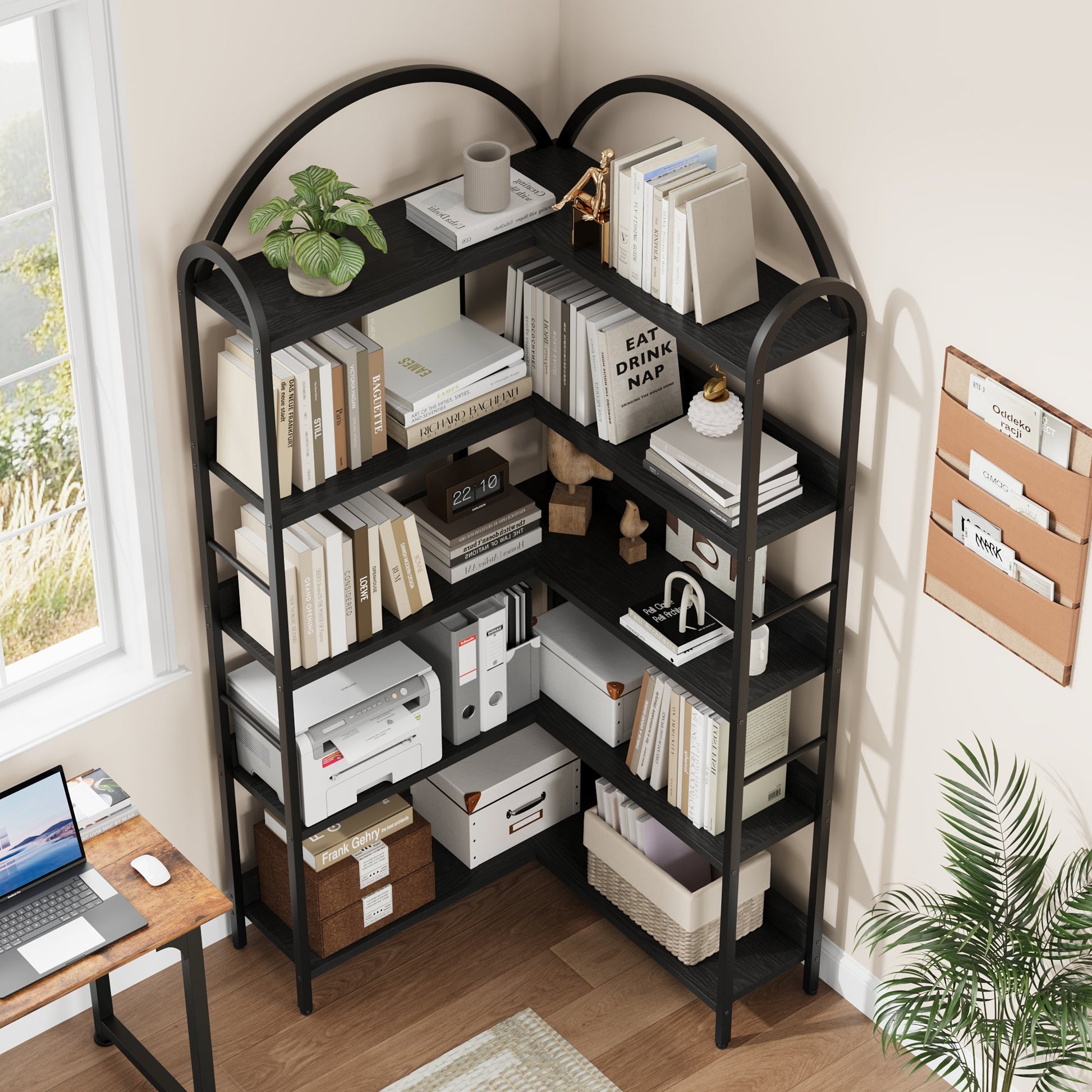 Libreria Angolare Garvee con struttura in metallo a forma di L, stile industriale, grande, per soggiorno e camera da letto, 68.5"x30.7"x30.7" nero