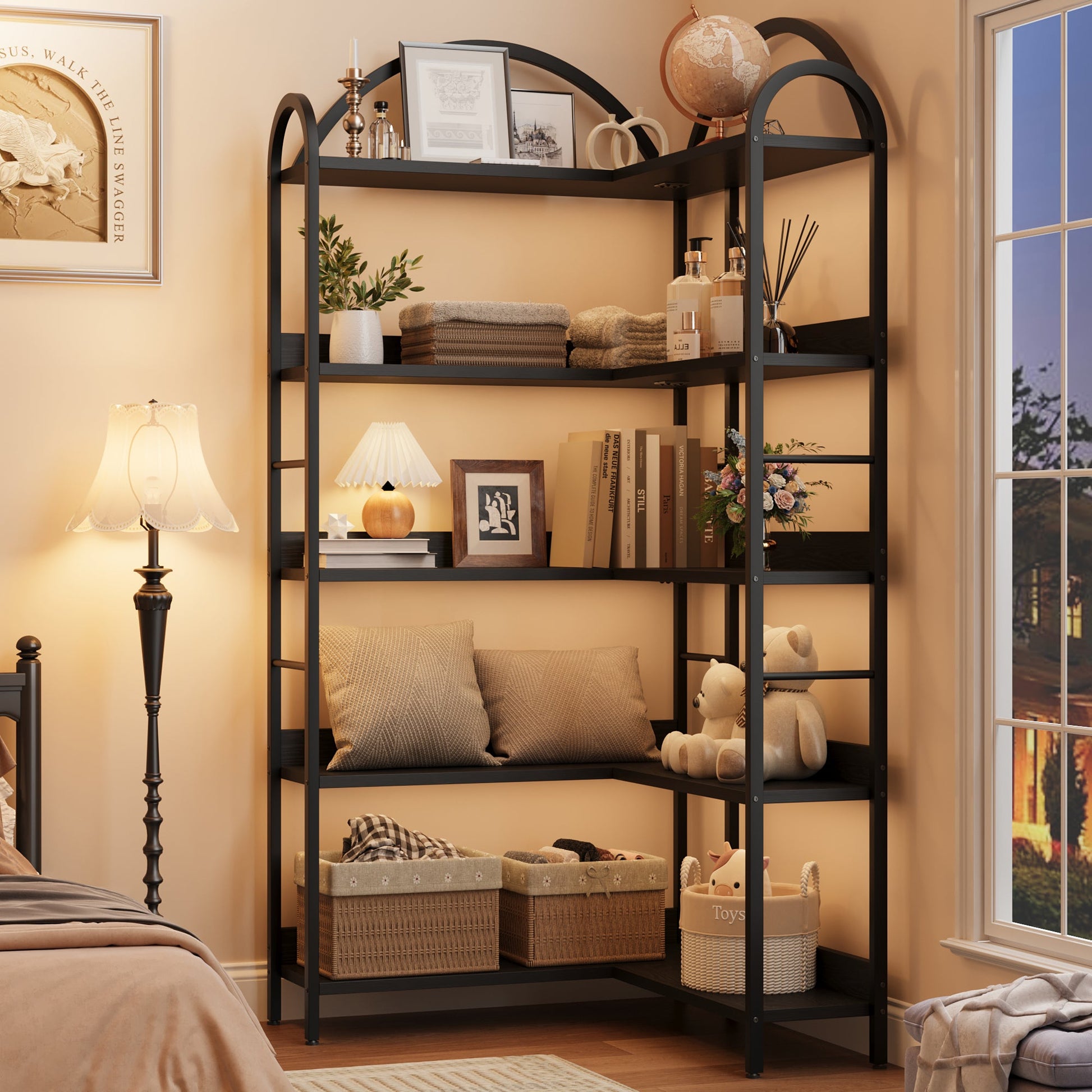 Libreria Angolare Garvee con struttura in metallo a forma di L, stile industriale, grande, per soggiorno e camera da letto, 68.5"x30.7"x30.7" nero