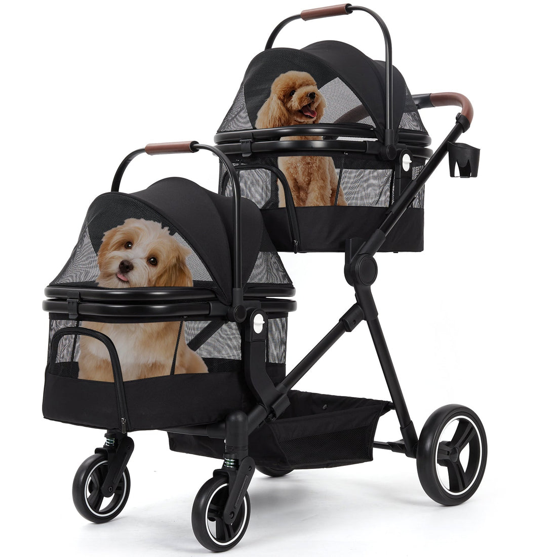 Passeggino pieghevole per cani GARVEE con 2 trasportini per animali domestici fino a 22 kg, finestra in rete, portabicchieri, parapioggia, pieghevole, nero