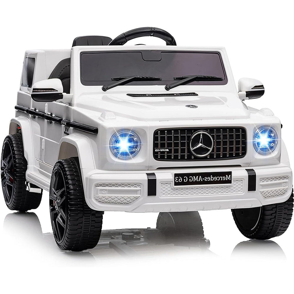 Garvee G63 AMG Auto elettrica 12V per bambini - Bianca con impianto musicale a LED e pneumatici fuoristrada per giardino e casa