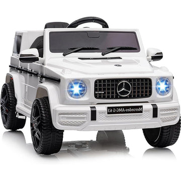 Garvee G63 AMG Auto elettrica 12V per bambini - Bianca con impianto musicale a LED e pneumatici fuoristrada per giardino e casa