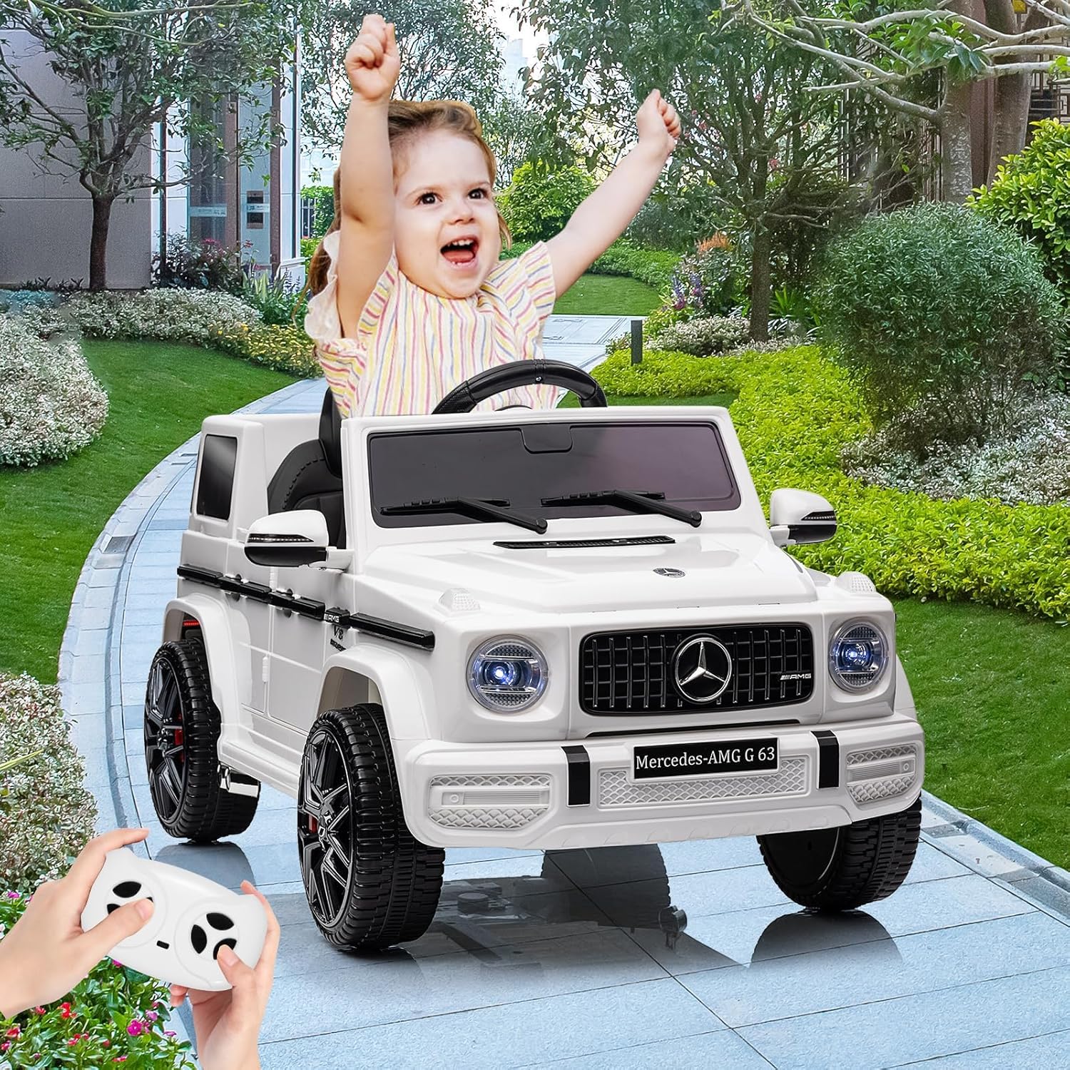 Garvee G63 AMG Auto elettrica 12V per bambini - Bianca con impianto musicale a LED e pneumatici fuoristrada per giardino e casa