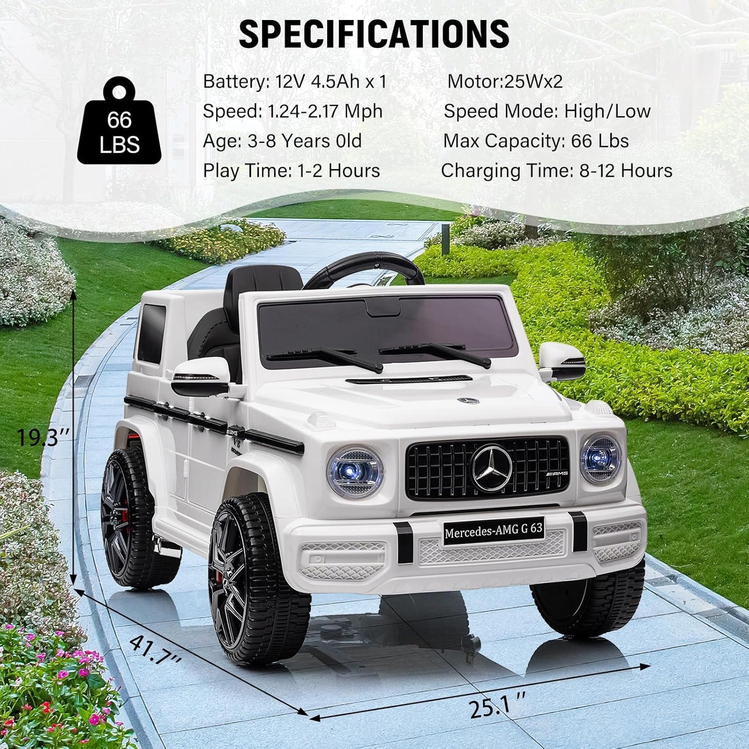 Garvee G63 AMG Auto elettrica 12V per bambini - Bianca con impianto musicale a LED e pneumatici fuoristrada per giardino e casa