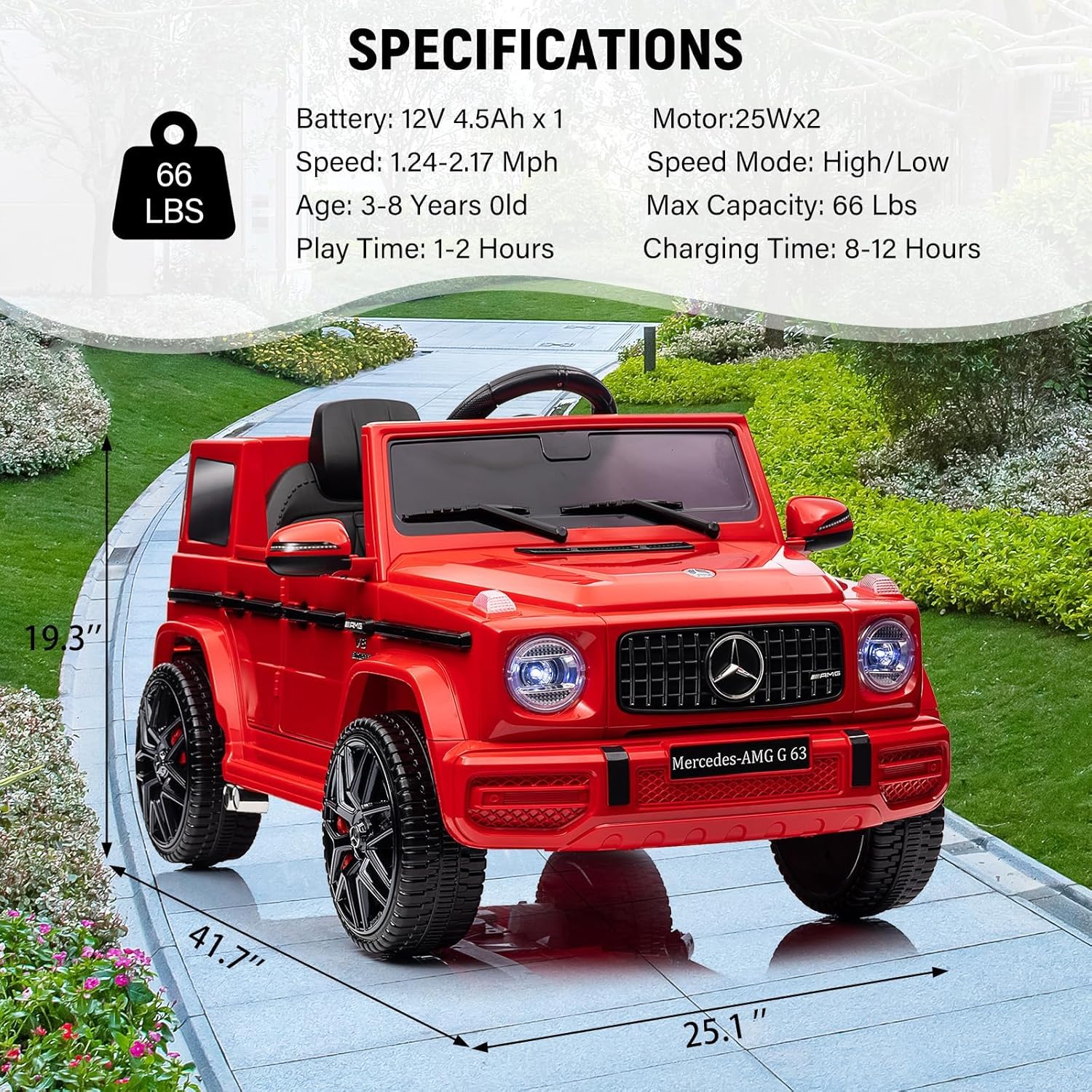 Garvee G63 AMG Auto elettrica 12V per bambini - Rossa con musica a LED e funzione fuoristrada per uso interno ed esterno