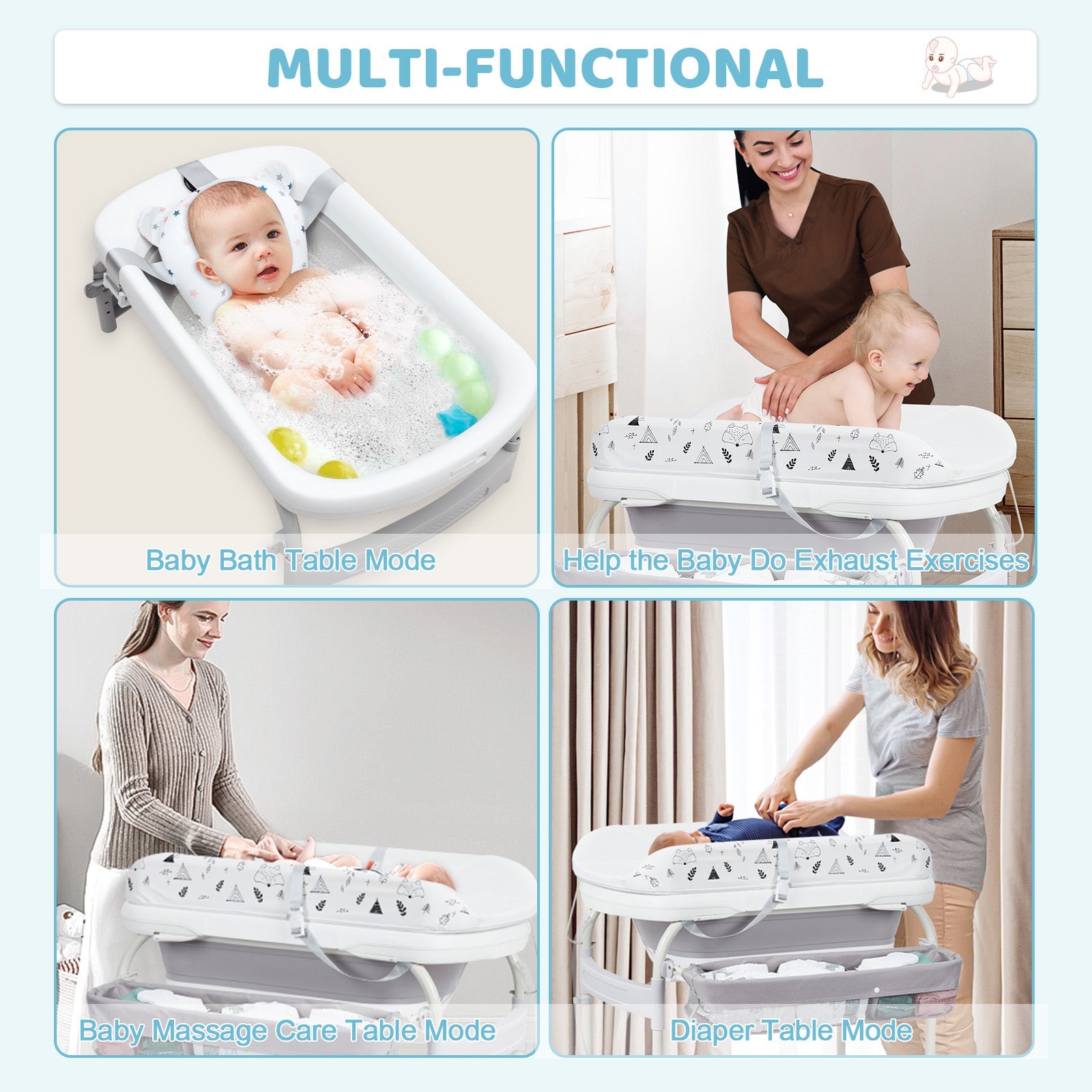 GARVEE Fasciatoio e vasca da bagno 2 in 1 regolabile in altezza, grigio | Con display della temperatura e ruote | Per bambini piccoli