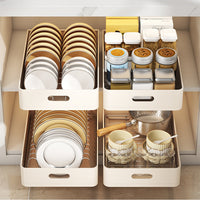 Garvee Scolapiatti telescopico per cassetti, organizer per mobili da cucina e bagno, 24,5x39,7x7,5 cm, beige, multifunzionale e salvaspazio