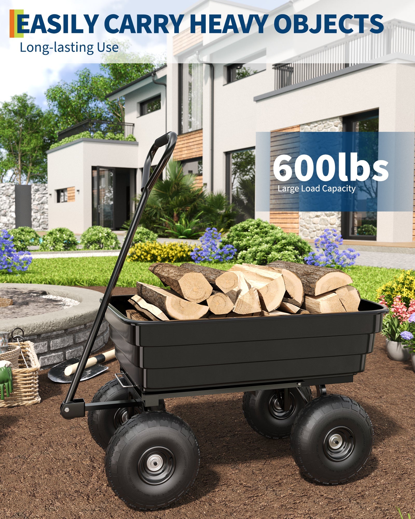 Carrello Ribaltabile Garvee Poly 600 libbre per Festa del Papà - Sgancio Rapido, Pneumatici 10" Antiforatura, Polipropilene Resistente per Giardinaggio