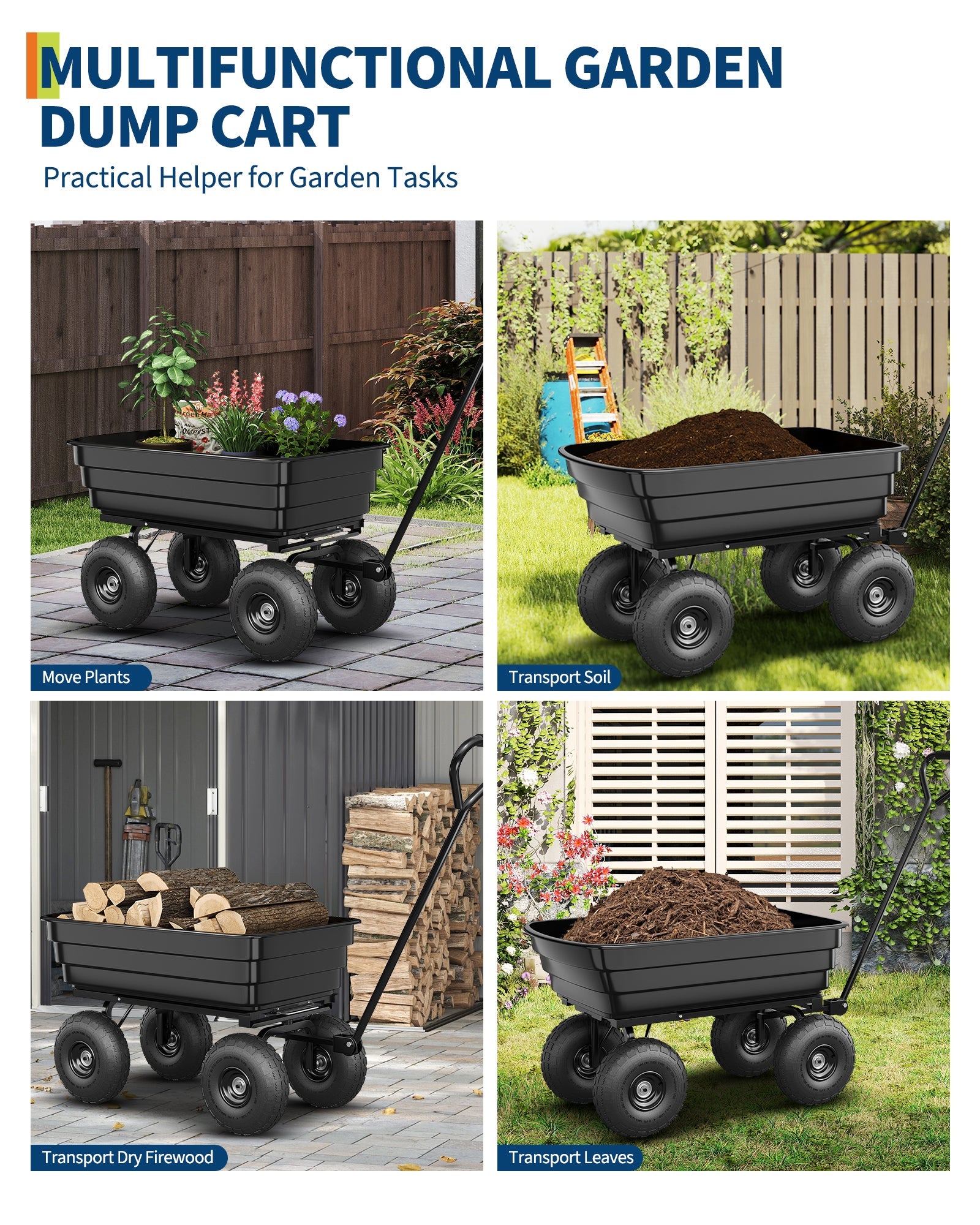 Carrello Ribaltabile Garvee Poly 600 libbre per Festa del Papà - Sgancio Rapido, Pneumatici 10" Antiforatura, Polipropilene Resistente per Giardinaggio