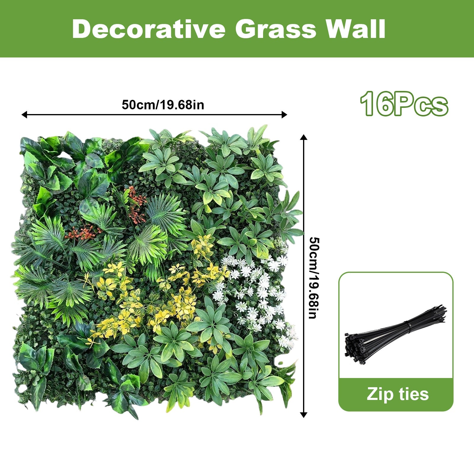 Garvee Set di 12 pannelli in erba artificiale da parete 20"x20" con fascette, PE resistente ai raggi UV e tutte le intemperie, foglie tropicali per giardino e matrimonio verde